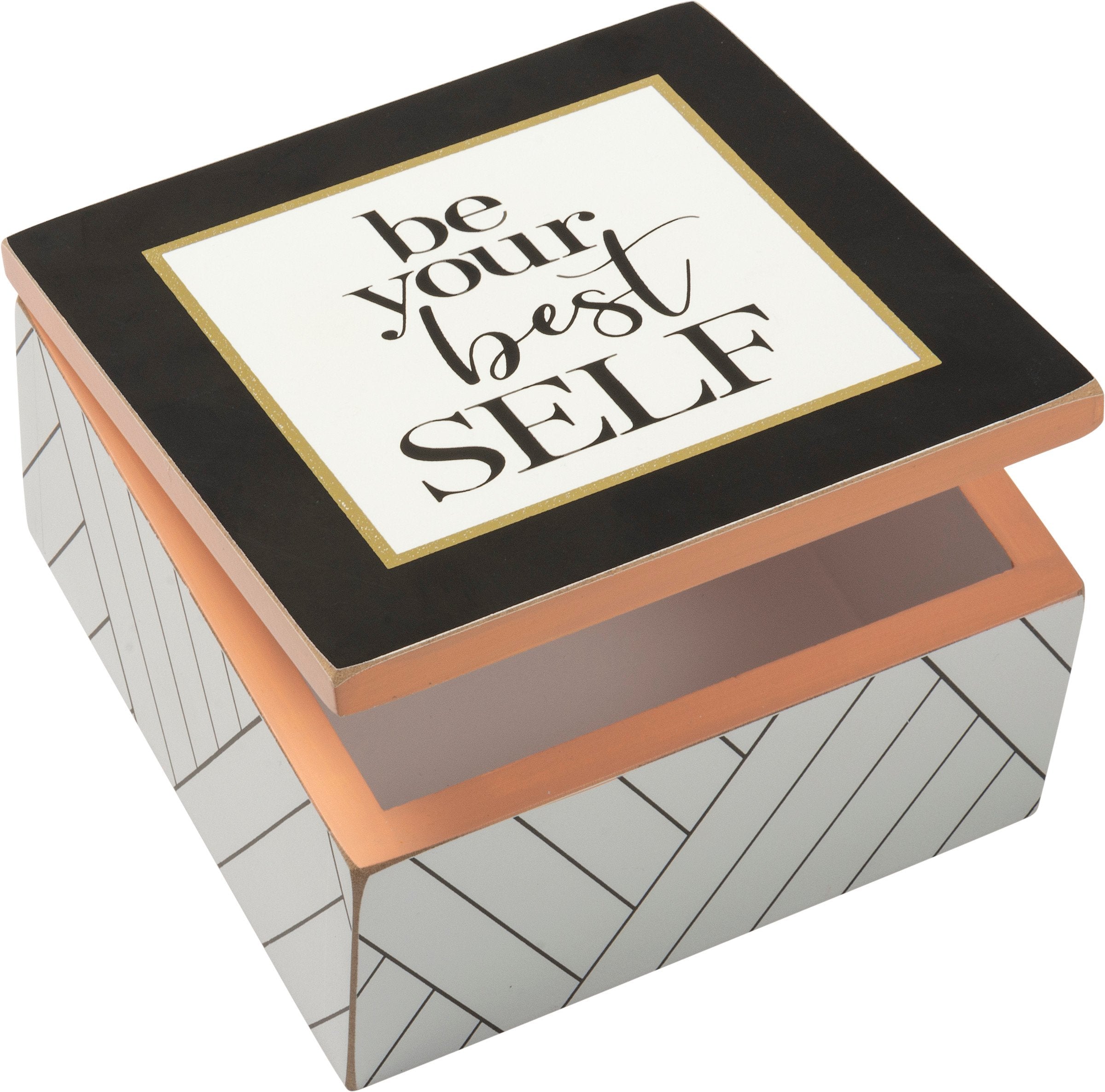 Inspirational Be Your Best Self Wooden Keepsake Box with Geometric Design & Paper Flower