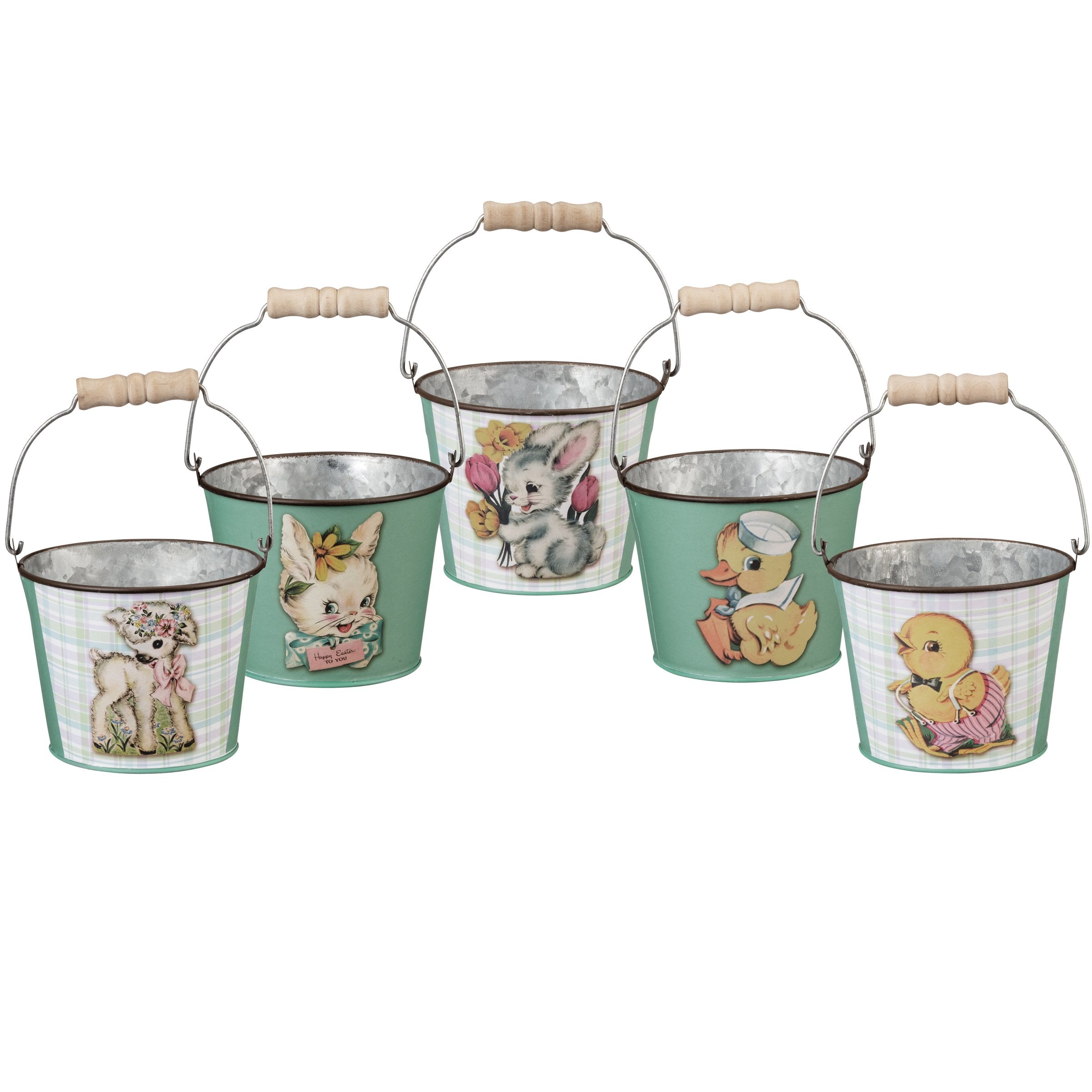 Vintage-Inspired Easter Spring Tin Bucket Set with Bunny Chick Lamb Designs