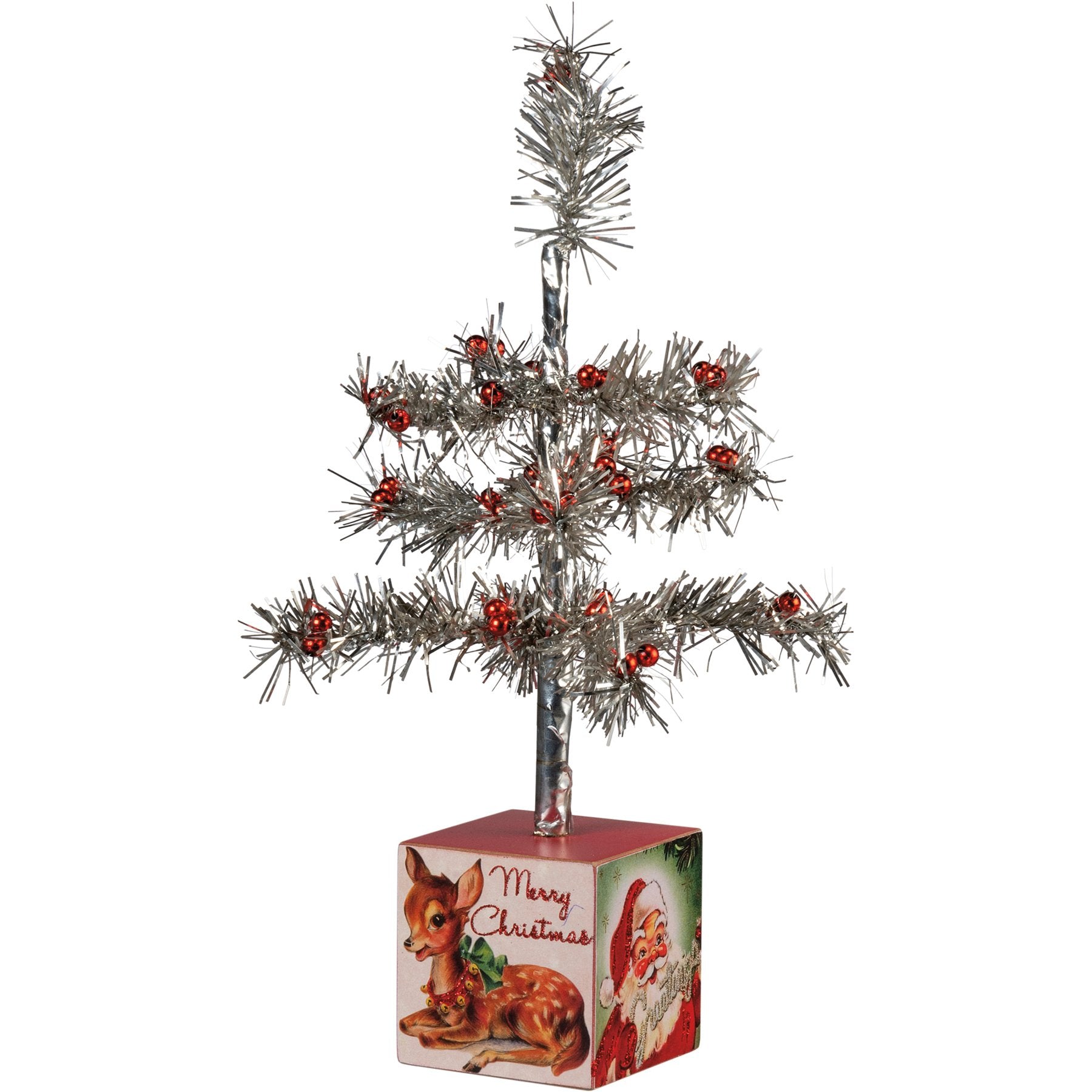 Charming Retro Santa Tinsel Tree with Festive Red Beads & Holiday Messages