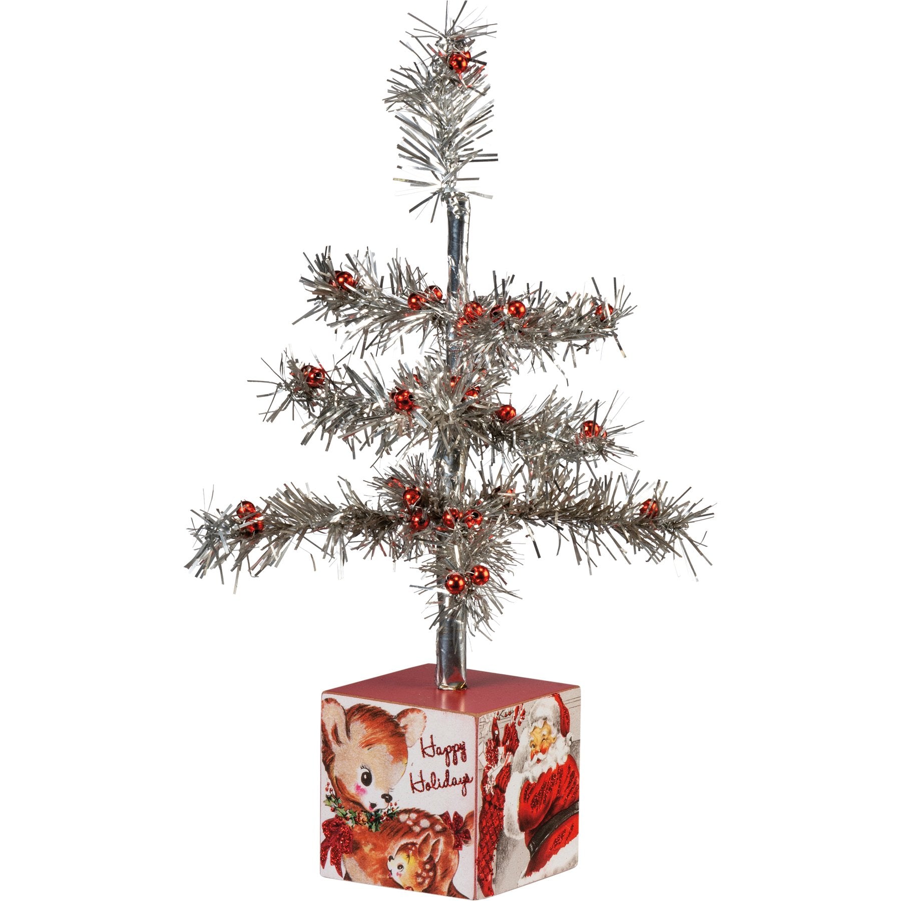 Charming Retro Santa Tinsel Tree with Festive Red Beads & Holiday Messages