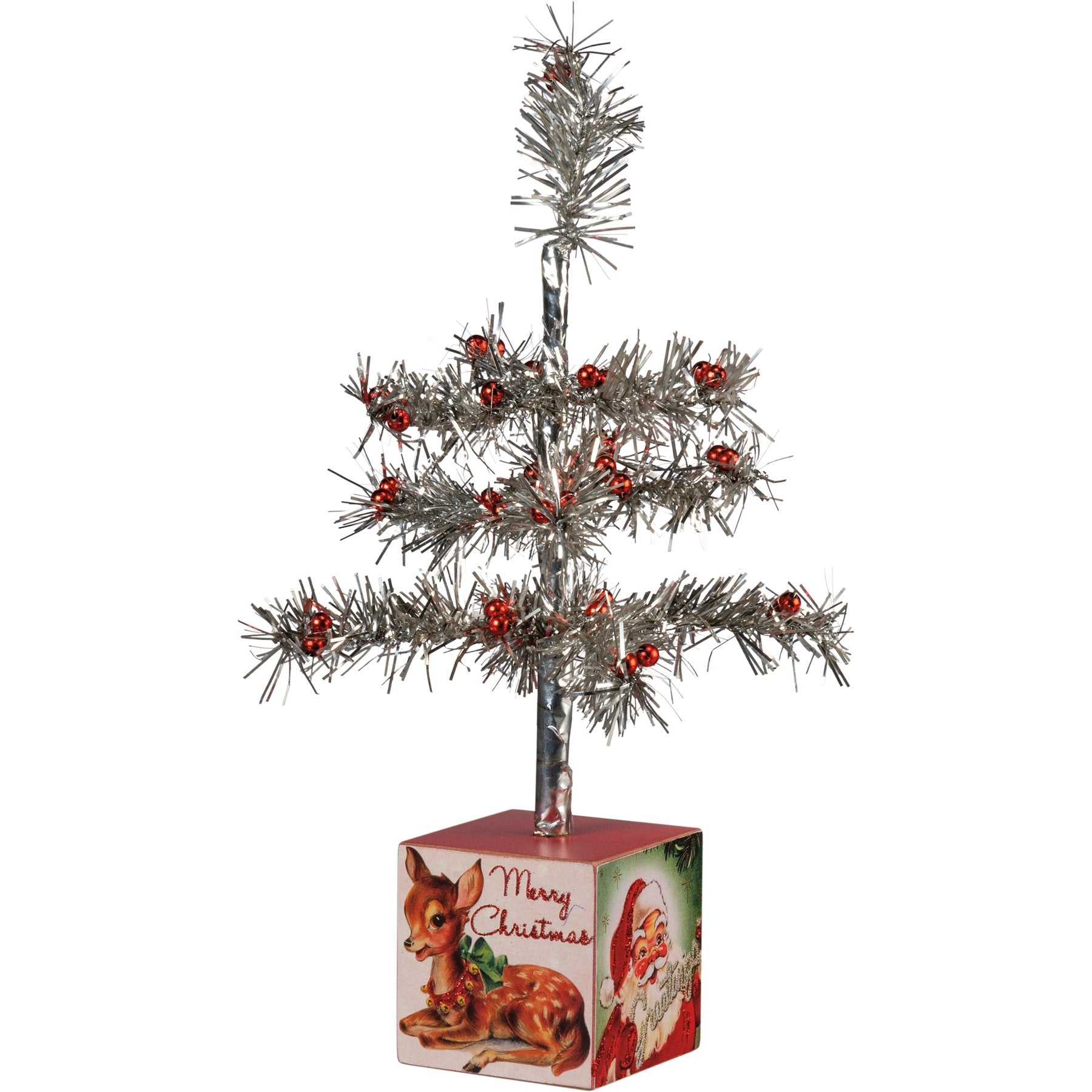 Charming Retro Santa Tinsel Tree with Festive Red Beads & Holiday Messages