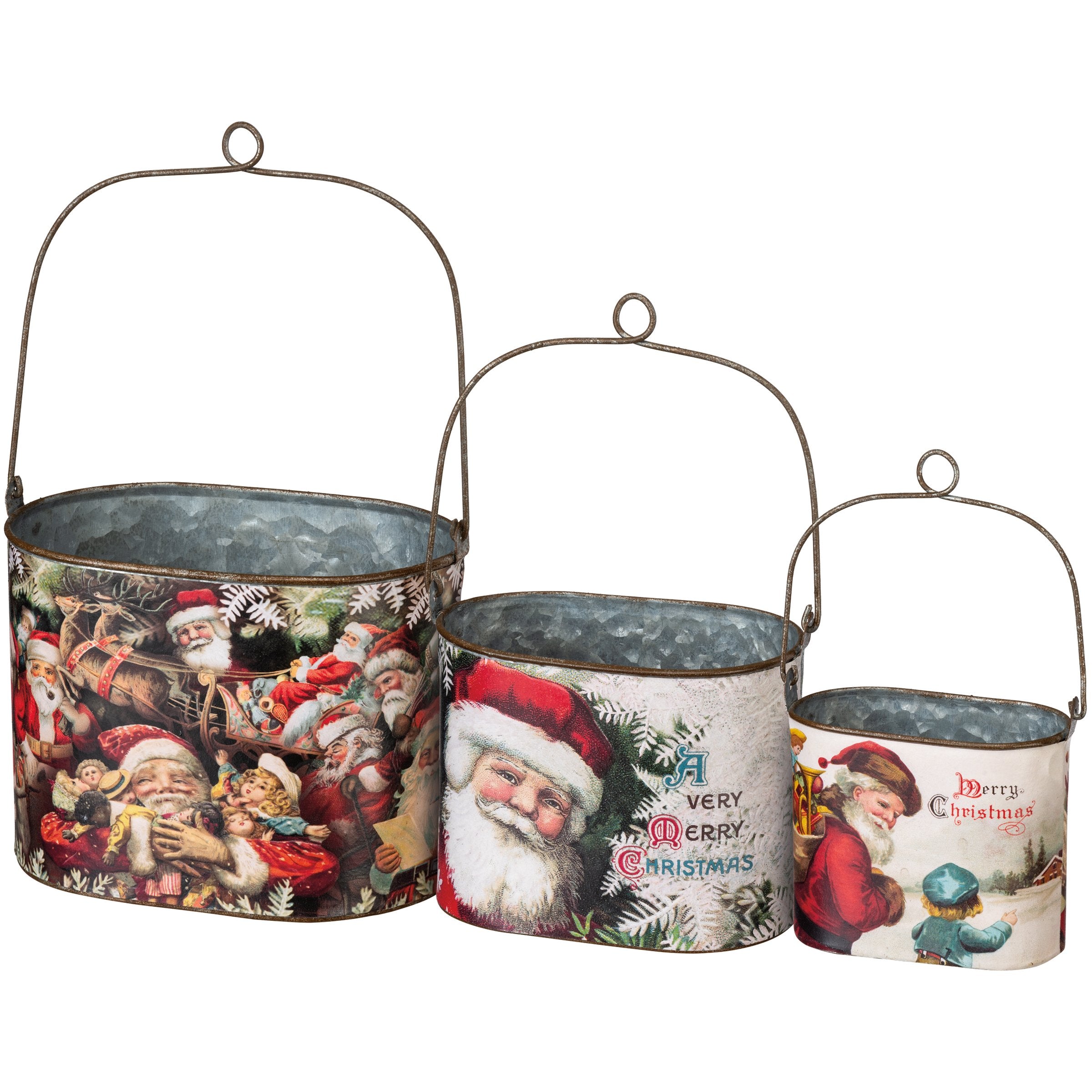 Set of 3 Vintage Santa Galvanized Metal Nesting Christmas Buckets
