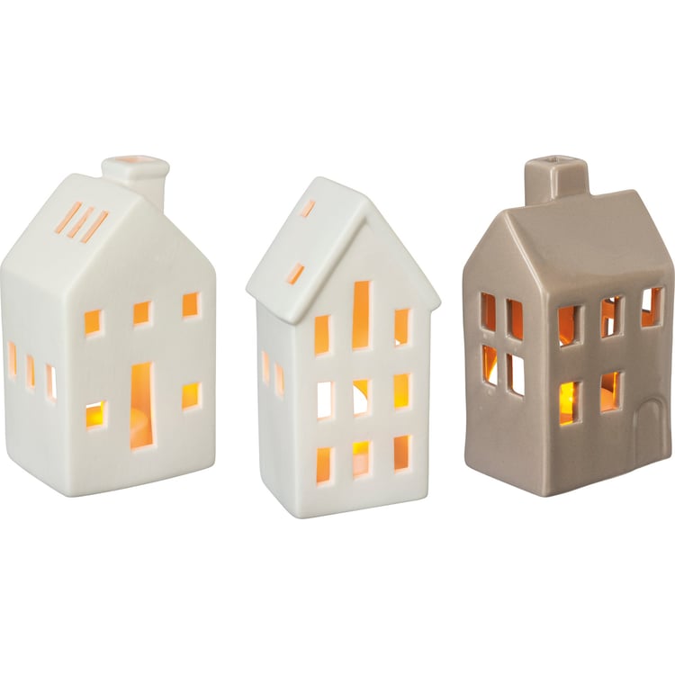 Charming Stoneware House Candle Holders Set - White & Gray Decor