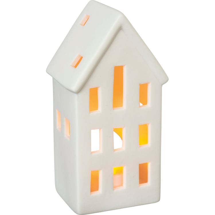 Charming Stoneware House Candle Holders Set - White & Gray Decor