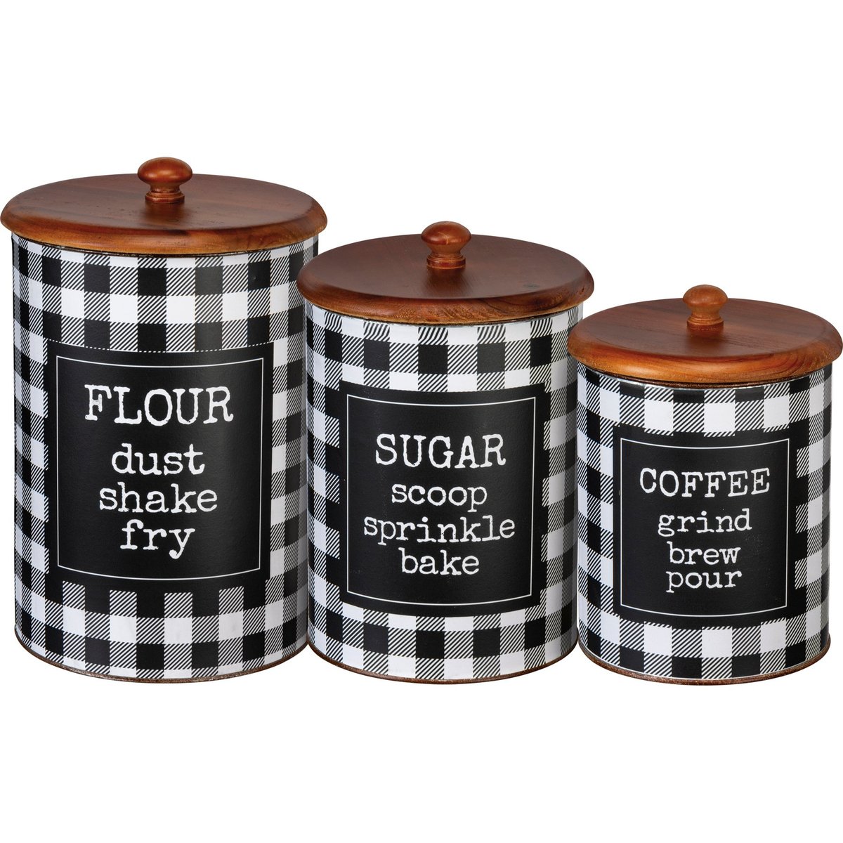 Primitives by Kathy Gingham Check Flour Sugar Coffee Canister Set with Wooden Lids