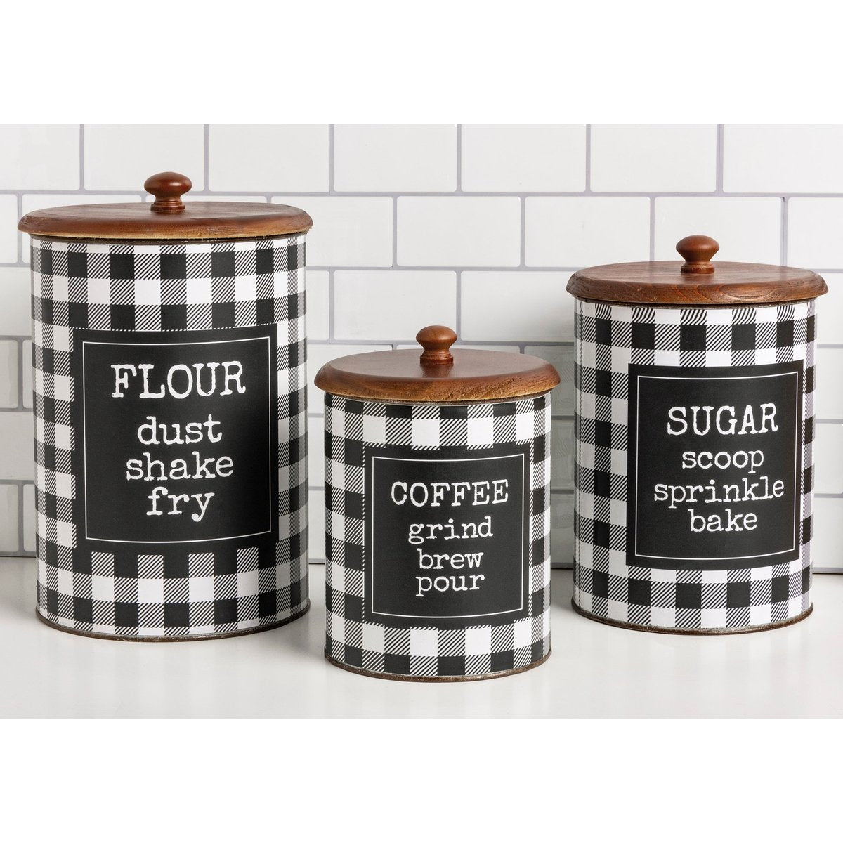 Primitives by Kathy Gingham Check Flour Sugar Coffee Canister Set with Wooden Lids