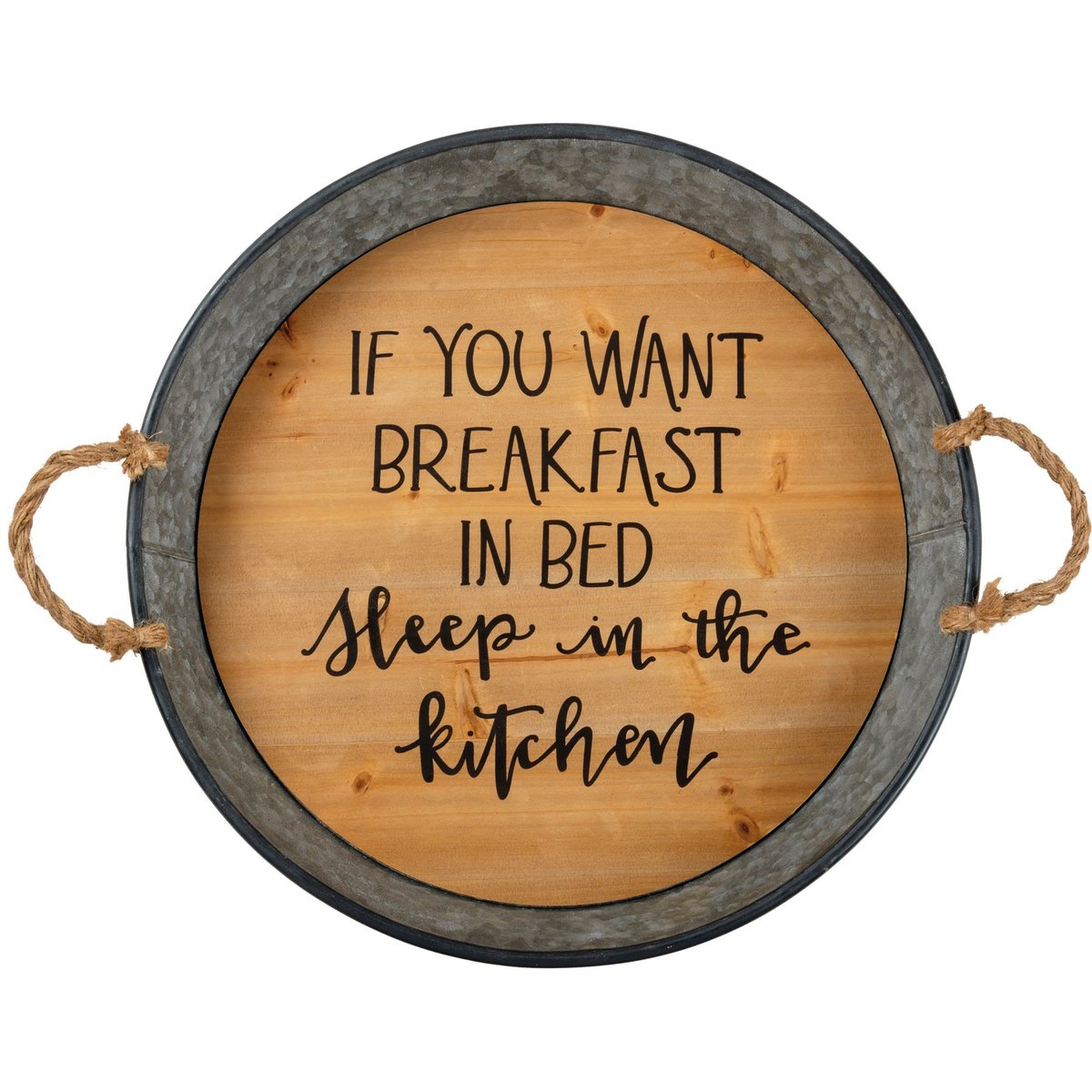 Funny 'Breakfast in Bed, Sleep in Kitchen' Galvanized Metal Wood Serving Tray