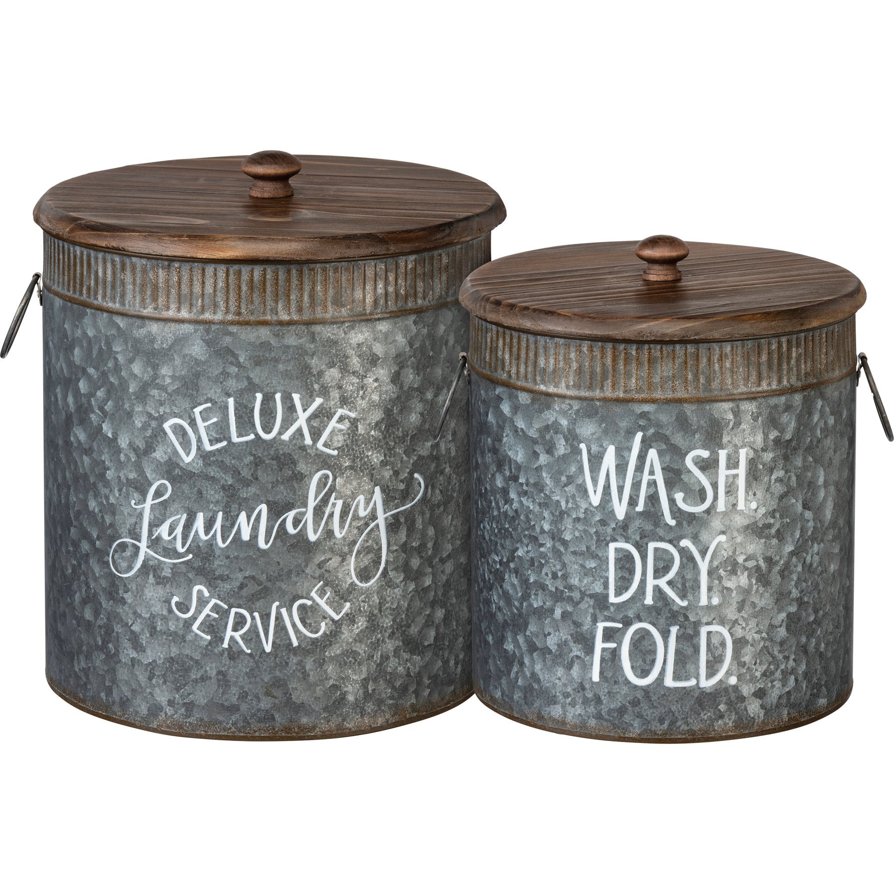 Deluxe Galvanized Metal Laundry Service Bin Set with Wooden Lids & Handles