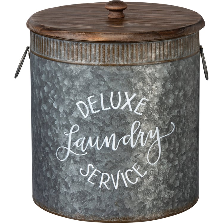 Deluxe Galvanized Metal Laundry Service Bin Set with Wooden Lids & Handles