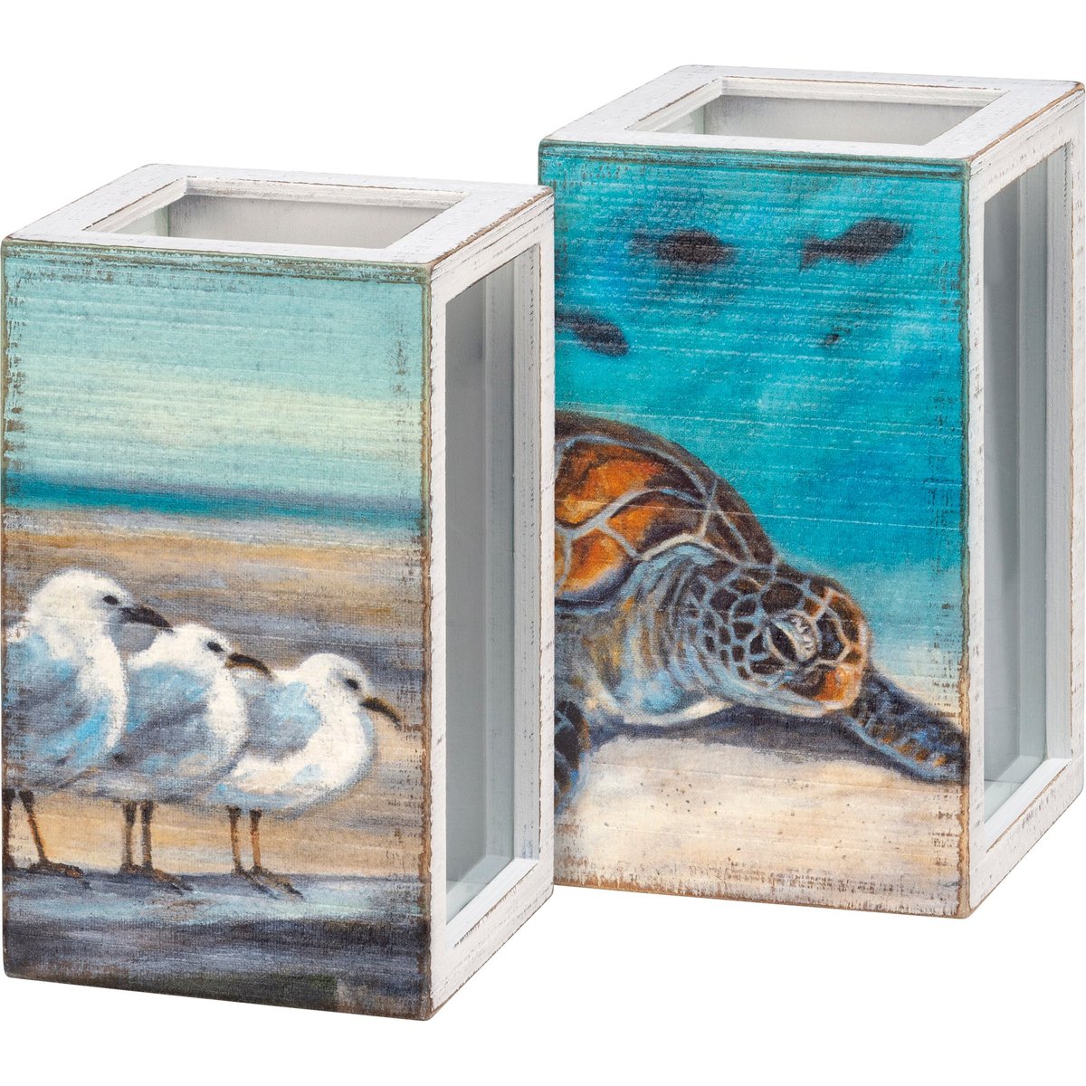 Charming Coastal Sea Turtle & Seagull Distressed Wood Beach Shell Holder Display