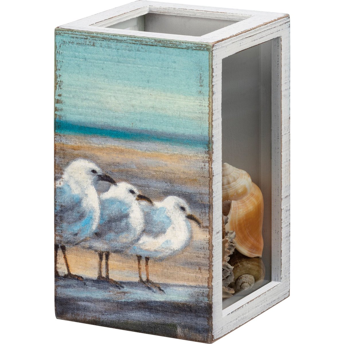 Charming Coastal Sea Turtle & Seagull Distressed Wood Beach Shell Holder Display