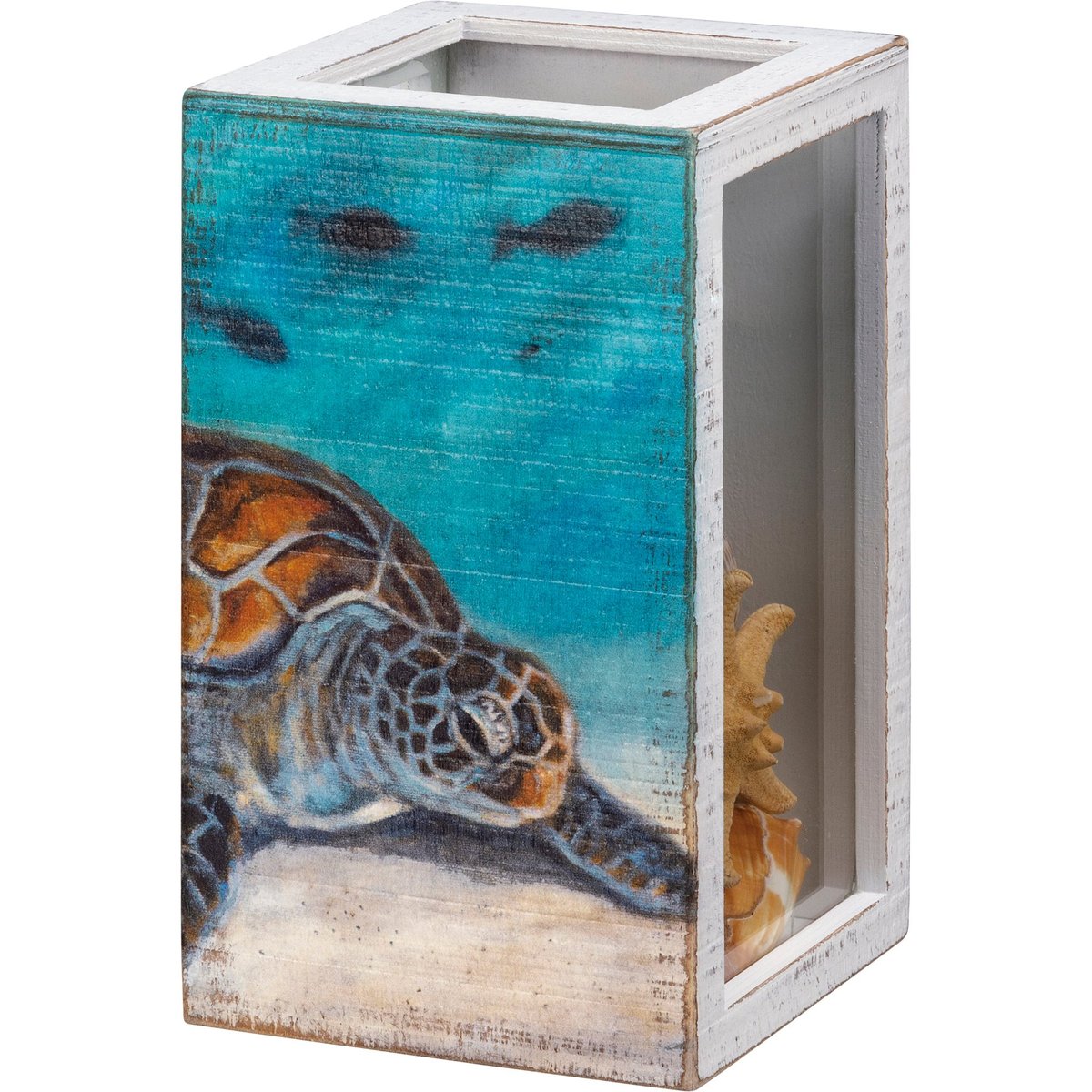 Charming Coastal Sea Turtle & Seagull Distressed Wood Beach Shell Holder Display