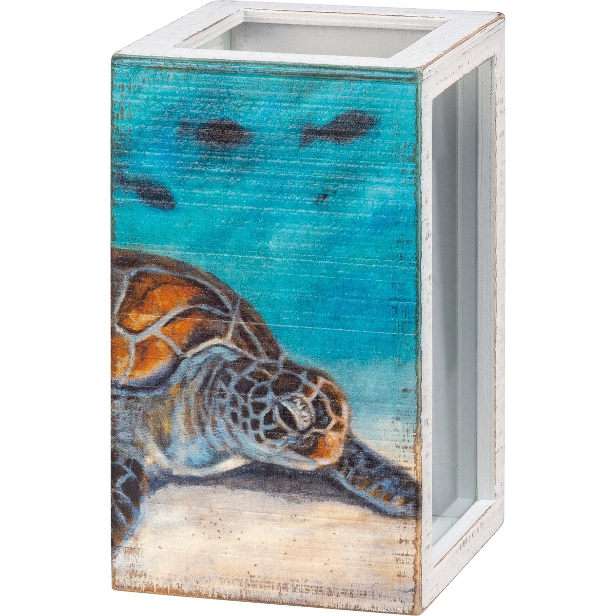 Charming Coastal Sea Turtle & Seagull Distressed Wood Beach Shell Holder Display