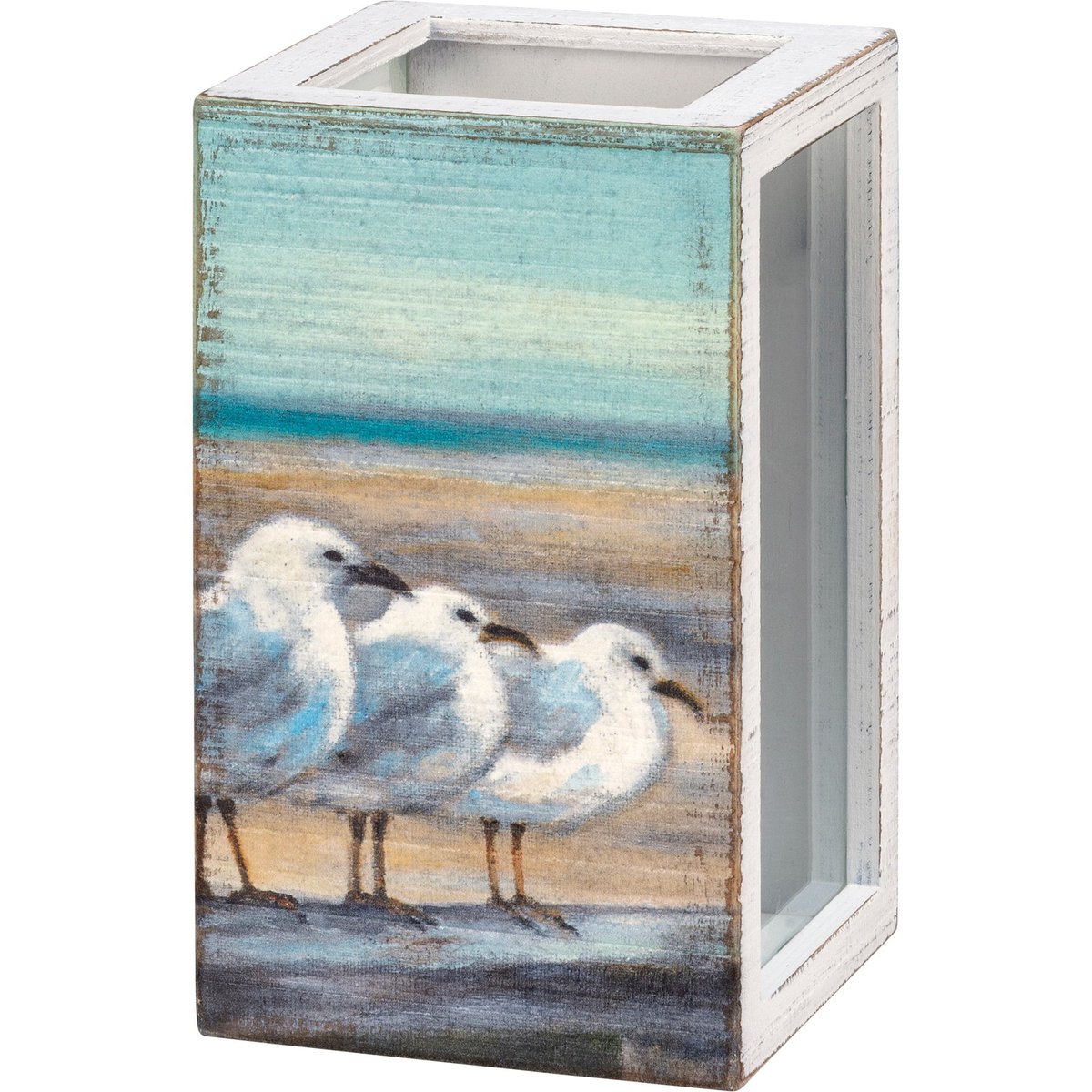 Charming Coastal Sea Turtle & Seagull Distressed Wood Beach Shell Holder Display