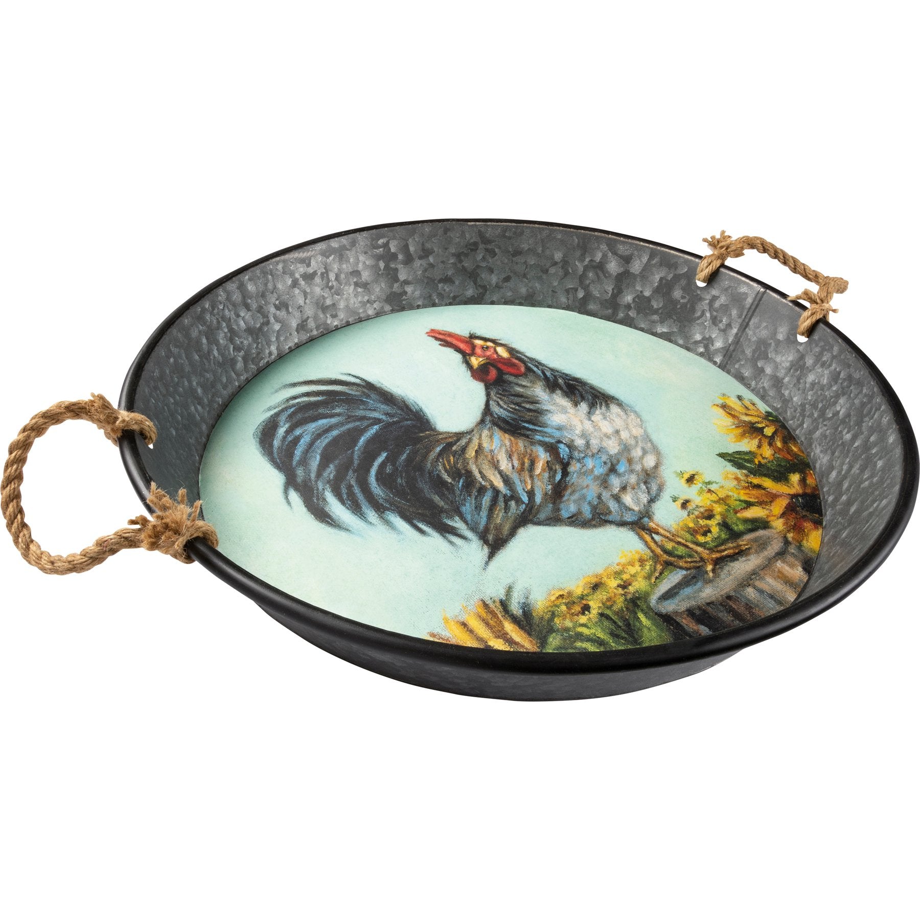 Galvanized Metal Rooster Tray with Sunflowers and Rope Handles