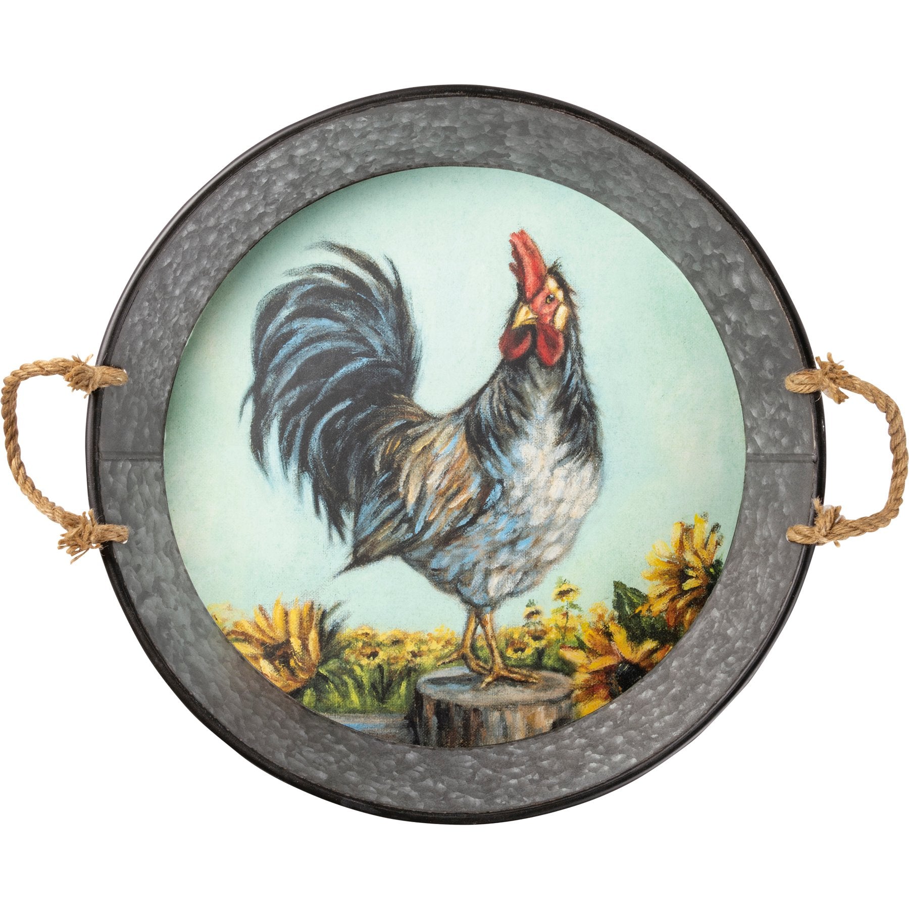 Galvanized Metal Rooster Tray with Sunflowers and Rope Handles