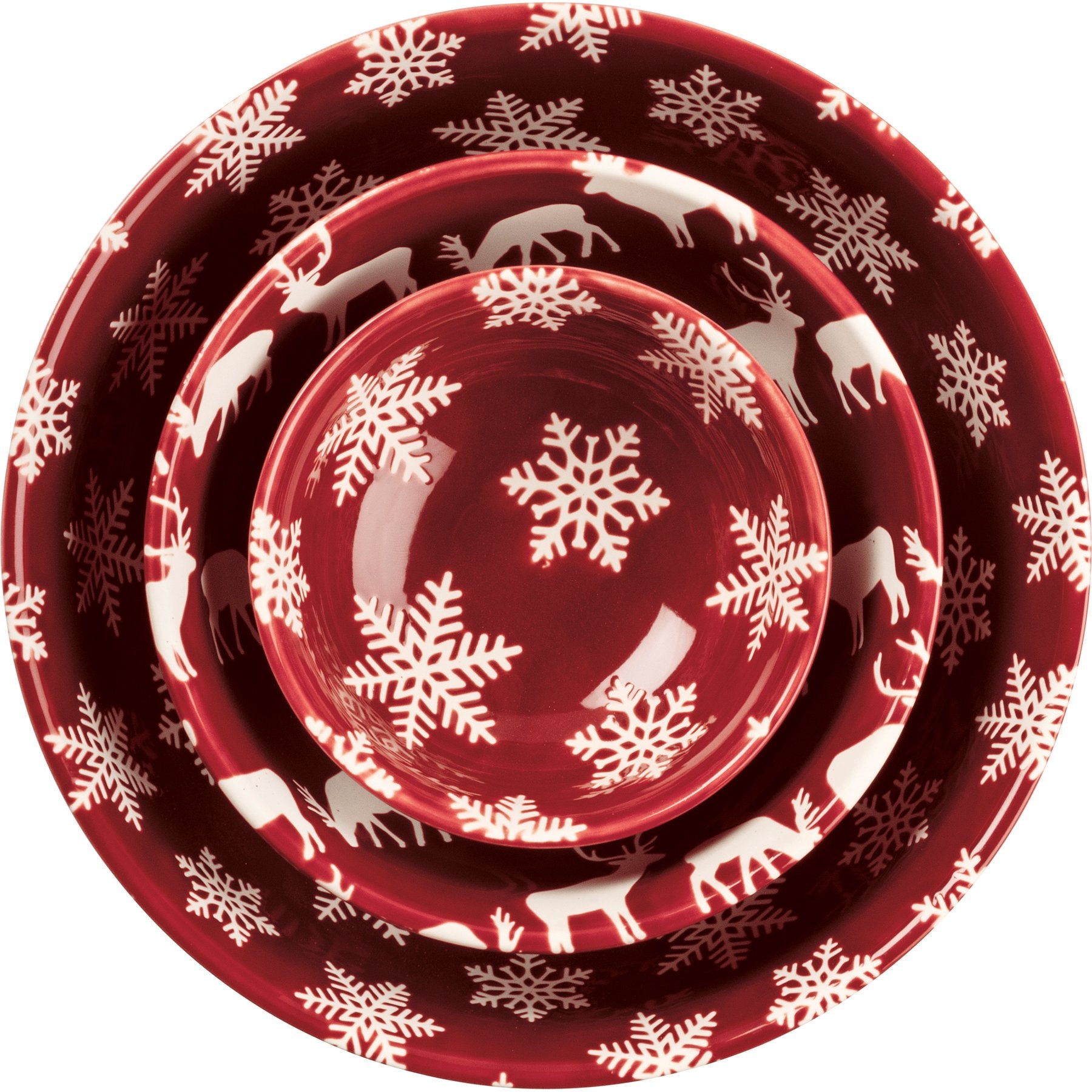 Festive Stoneware Christmas Bowl Set: Snowflake & Deer Design - 3-Piece Holiday Dishes