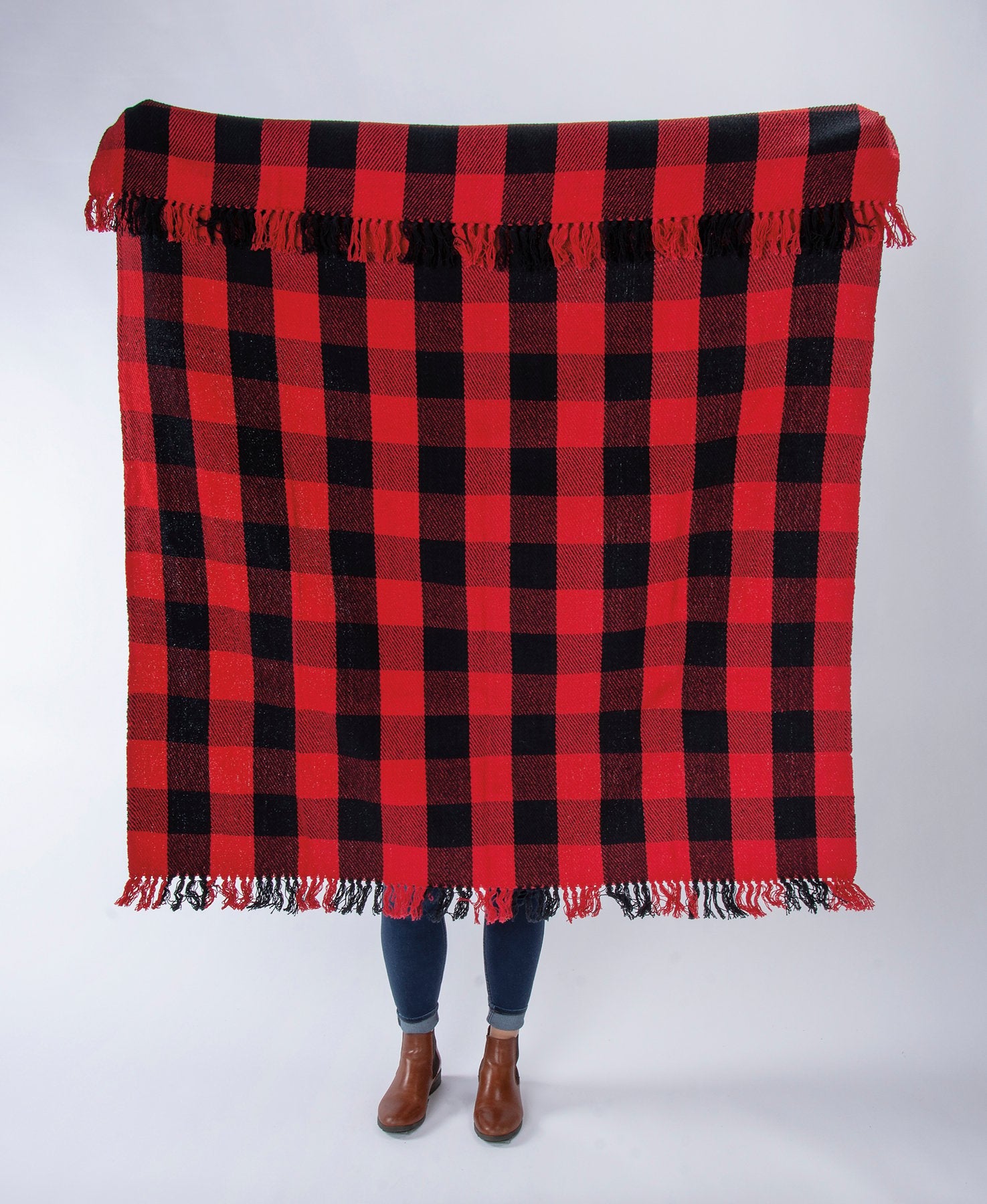 Cozy Red Black Buffalo Check Cotton Throw Blanket with Fringes by Primitives Kathy