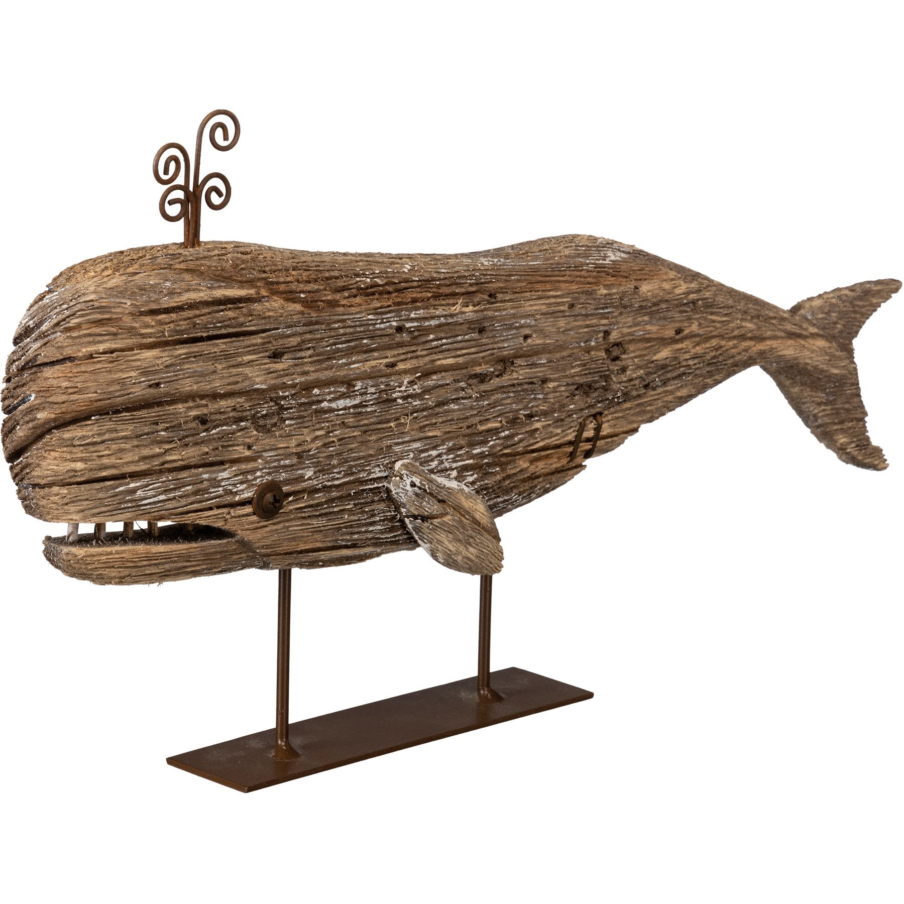 Nautical Driftwood Wooden Whale Sitter Figurine with Metal Accents and Base