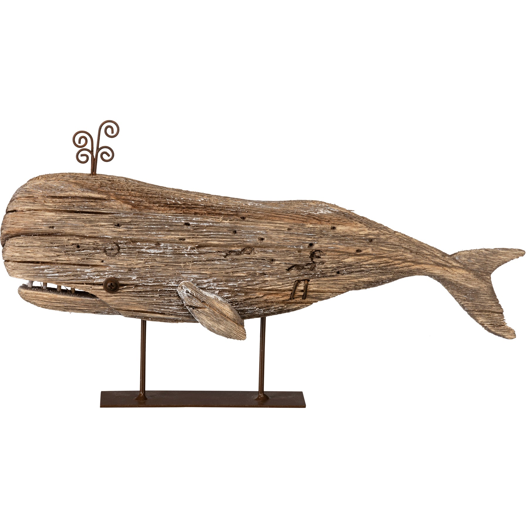 Nautical Driftwood Wooden Whale Sitter Figurine with Metal Accents and Base