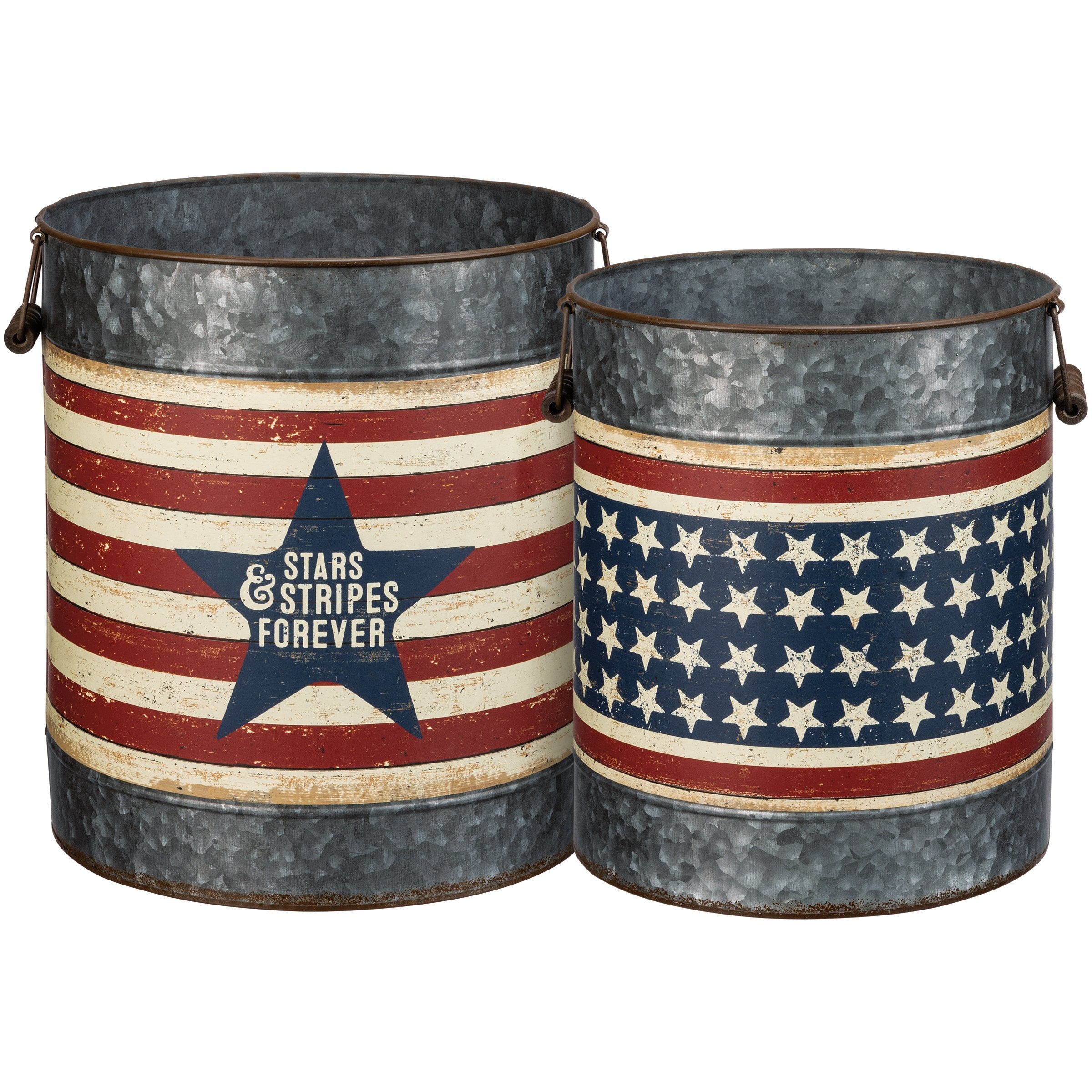 Rustic Galvanized Metal Patriotic Stars Stripes Decorative Storage Buckets Set Dual Handles