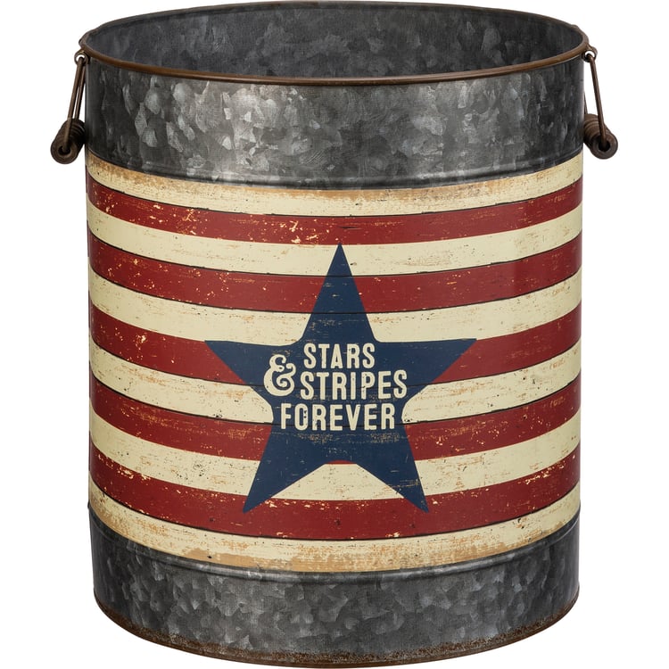 Rustic Galvanized Metal Patriotic Stars Stripes Decorative Storage Buckets Set Dual Handles