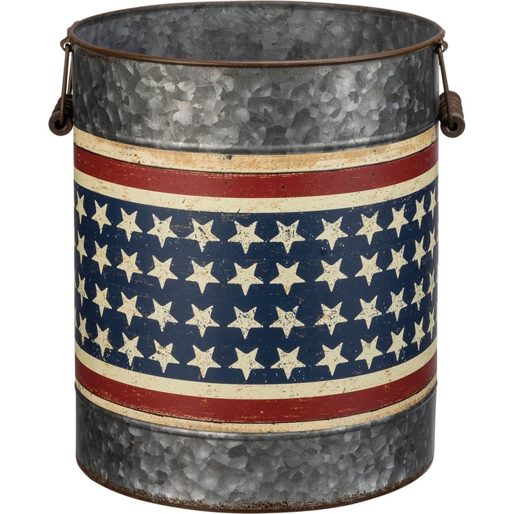 Rustic Galvanized Metal Patriotic Stars Stripes Decorative Storage Buckets Set Dual Handles