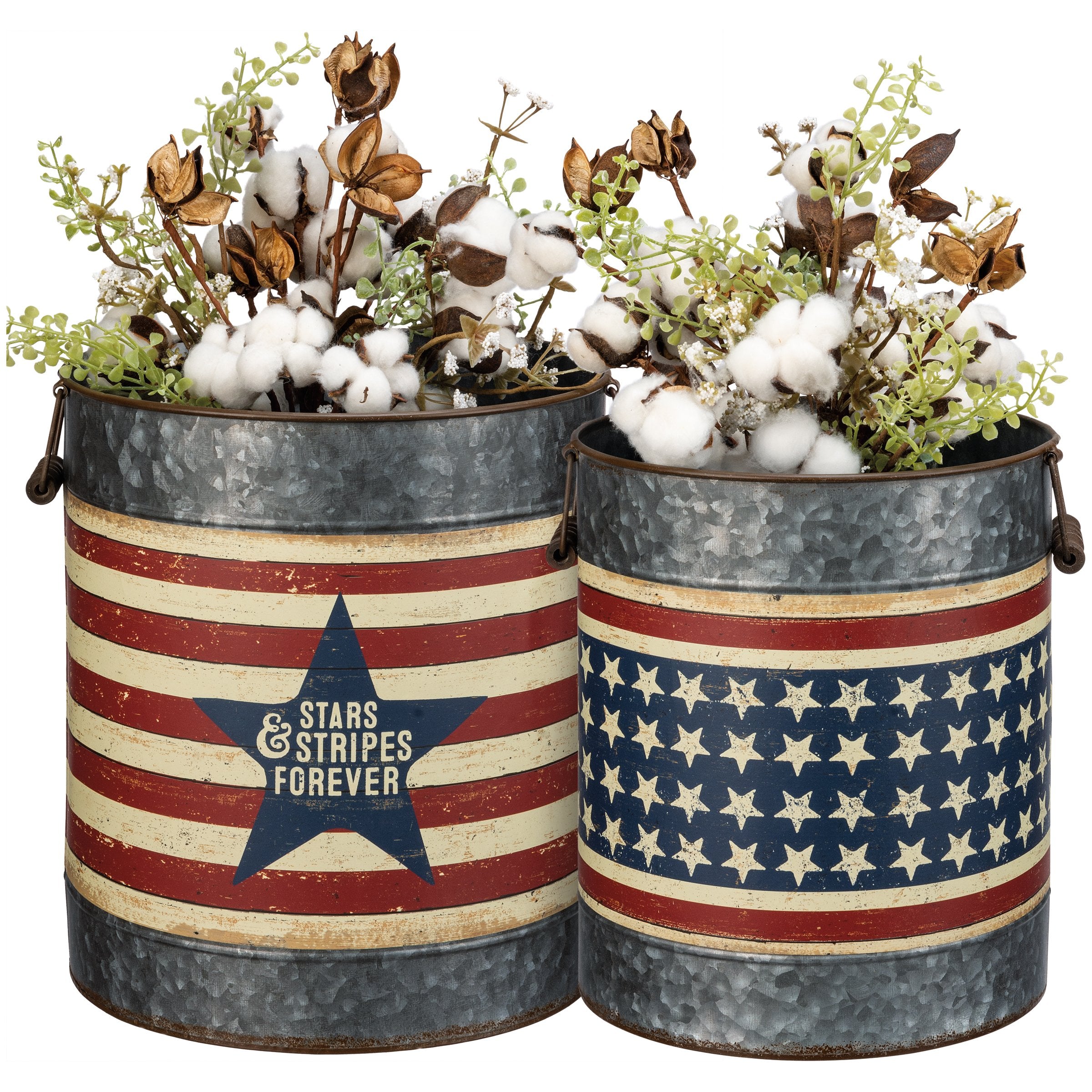 Rustic Galvanized Metal Patriotic Stars Stripes Decorative Storage Buckets Set Dual Handles