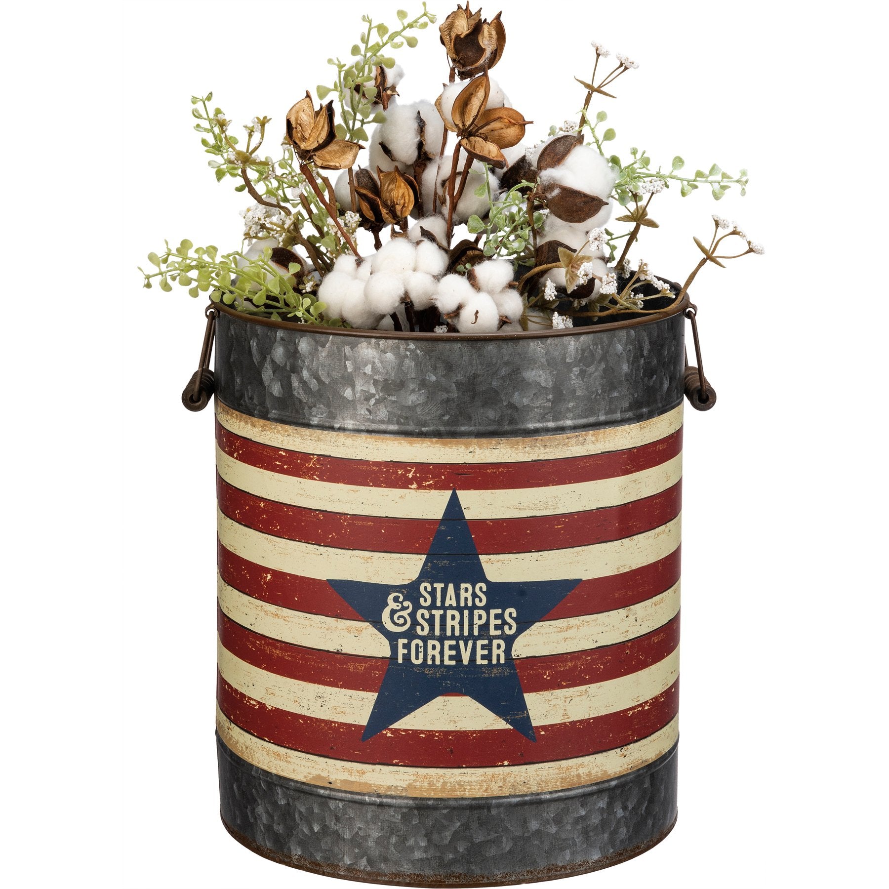 Rustic Galvanized Metal Patriotic Stars Stripes Decorative Storage Buckets Set Dual Handles