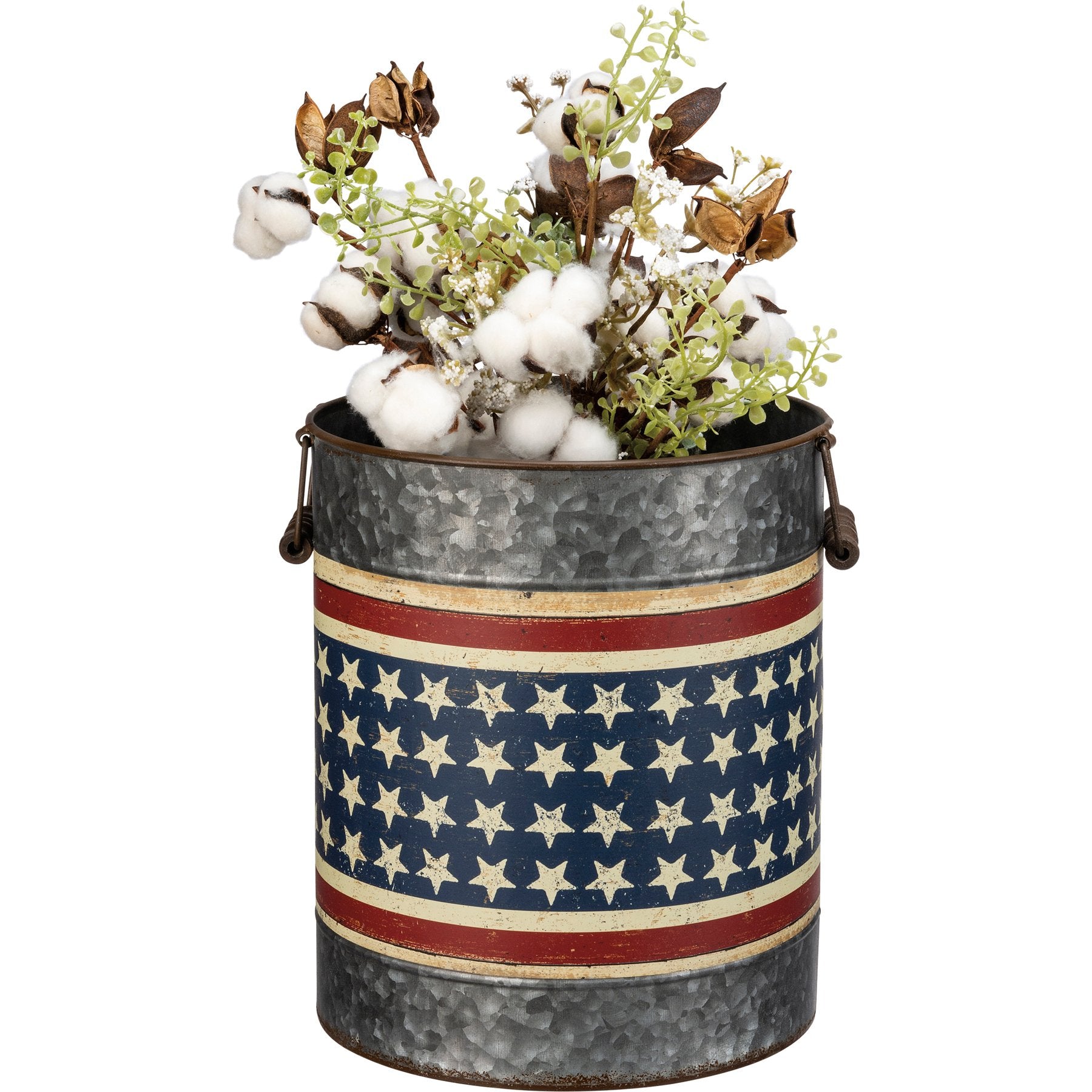 Rustic Galvanized Metal Patriotic Stars Stripes Decorative Storage Buckets Set Dual Handles