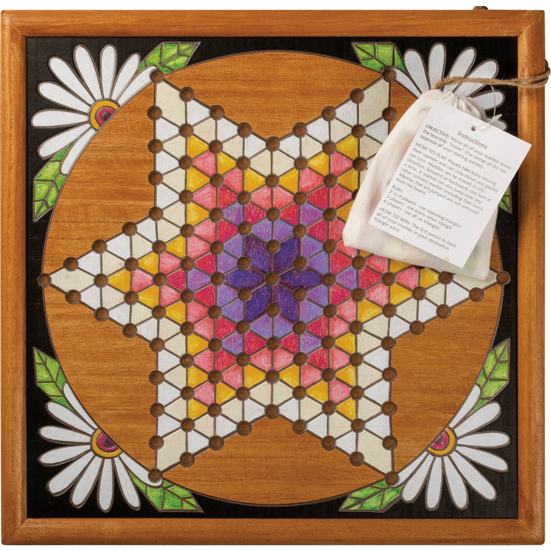 Decorative Wooden Chinese Checkers Wall Game with Marbles and Storage Bag
