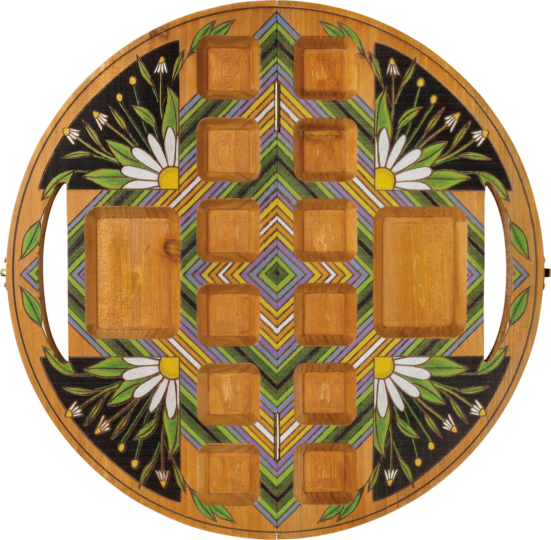 Wooden Travel Mancala Board Game with Vibrant Wood Burned Designs