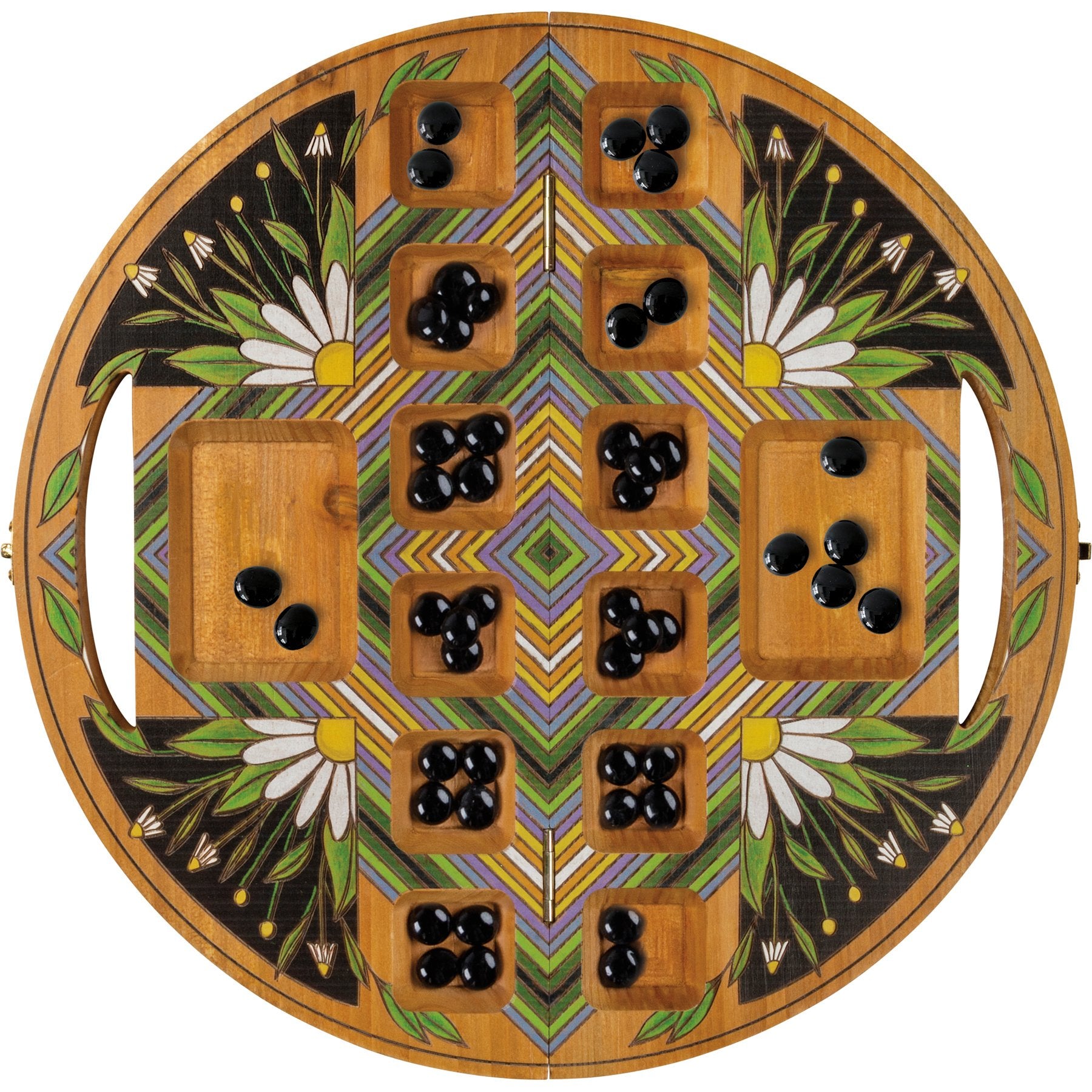 Wooden Travel Mancala Board Game with Vibrant Wood Burned Designs