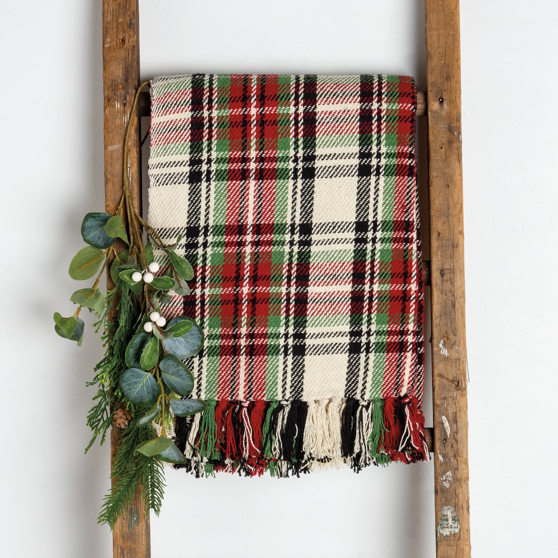 Soft Cream Plaid Cotton Throw Blanket with Fringe for Festive Home Decor