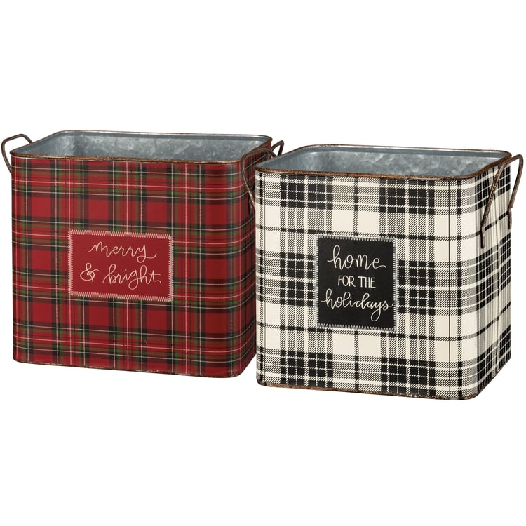 Festive Plaid Metal Holiday Storage Bins Set - Merry & Bright Decor