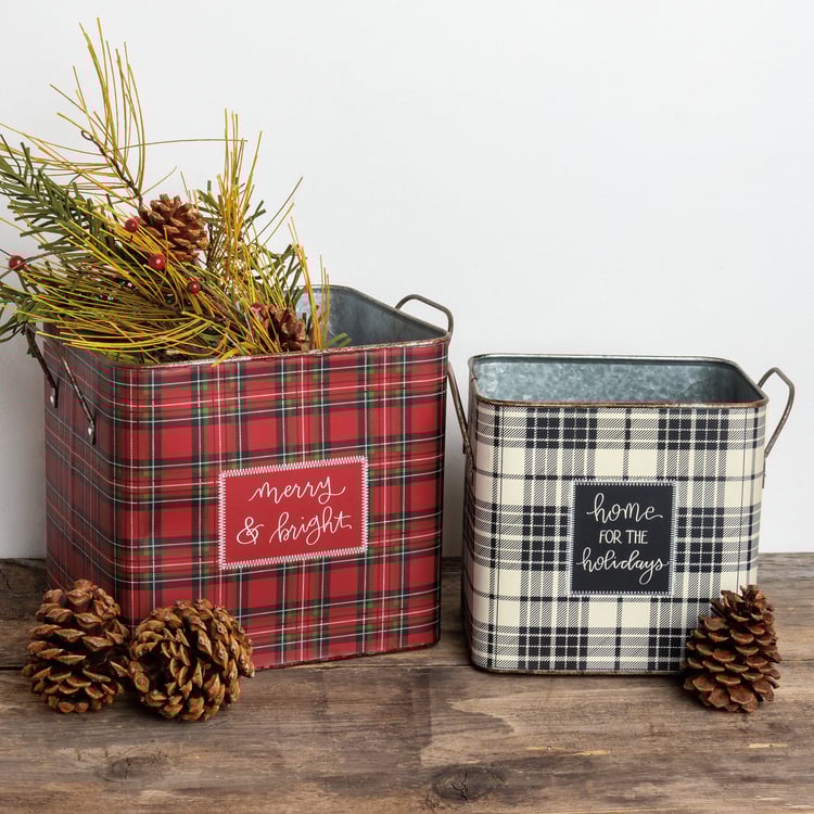 Festive Plaid Metal Holiday Storage Bins Set - Merry & Bright Decor