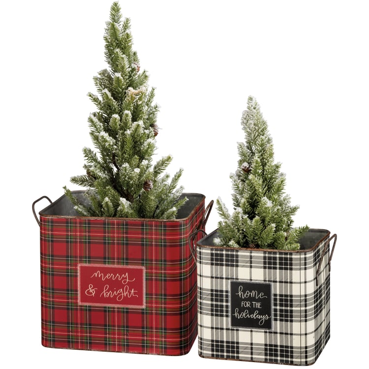 Festive Plaid Metal Holiday Storage Bins Set - Merry & Bright Decor
