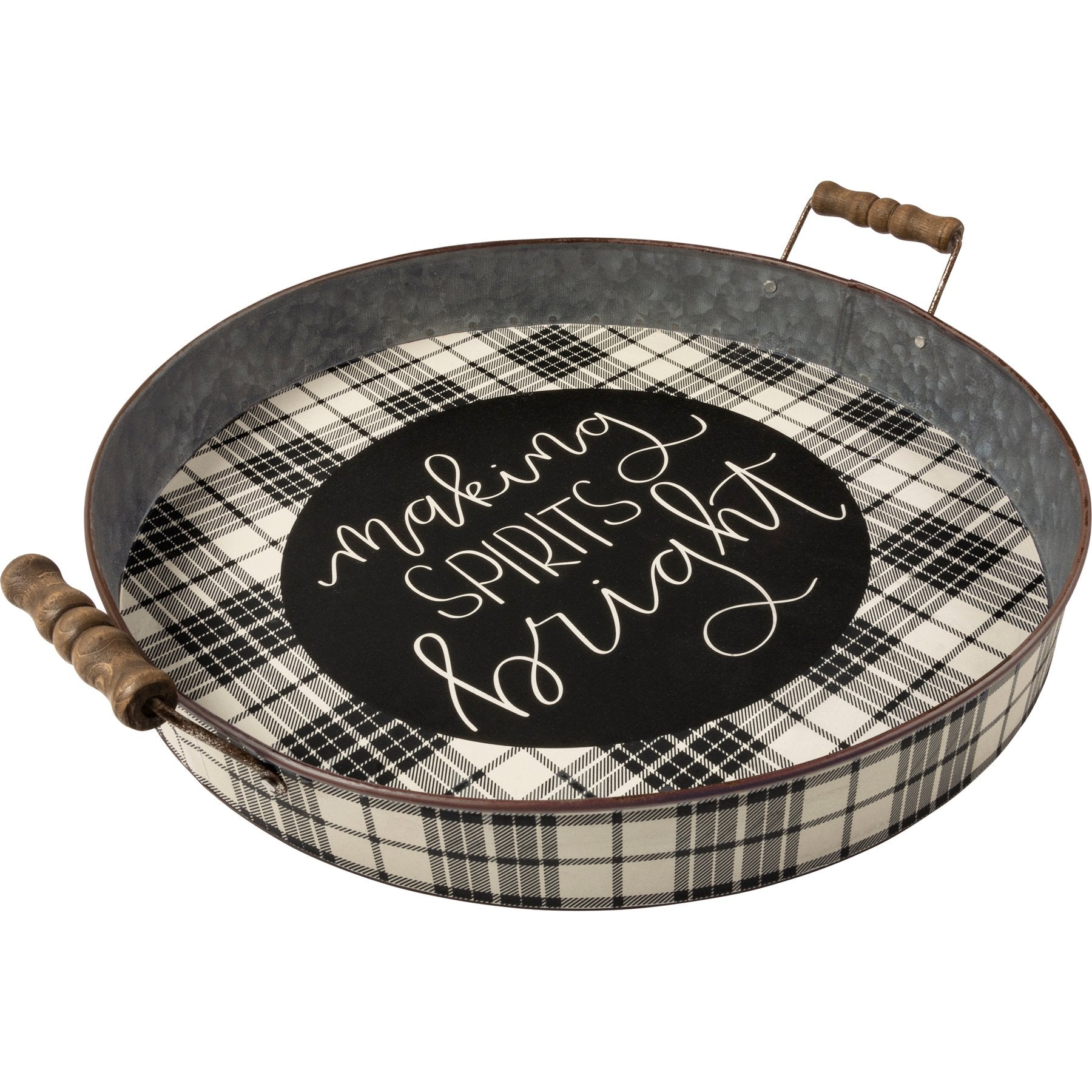 Festive Galvanized Plaid 'Making Spirits Bright' Decorative Serving Tray with Wooden Handles