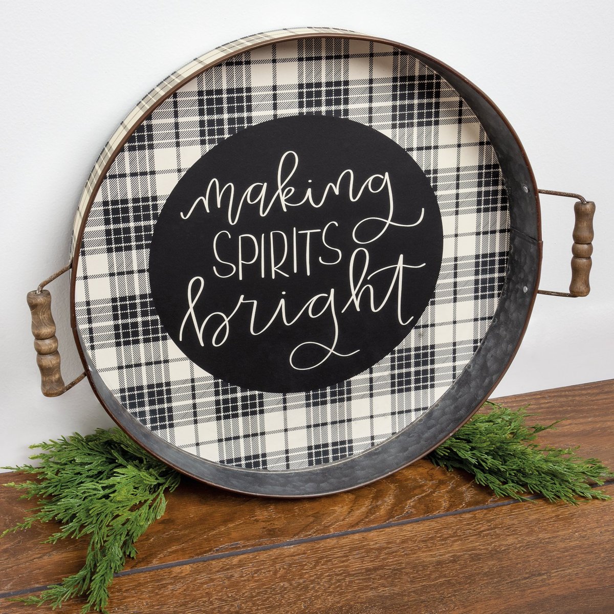 Festive Galvanized Plaid 'Making Spirits Bright' Decorative Serving Tray with Wooden Handles
