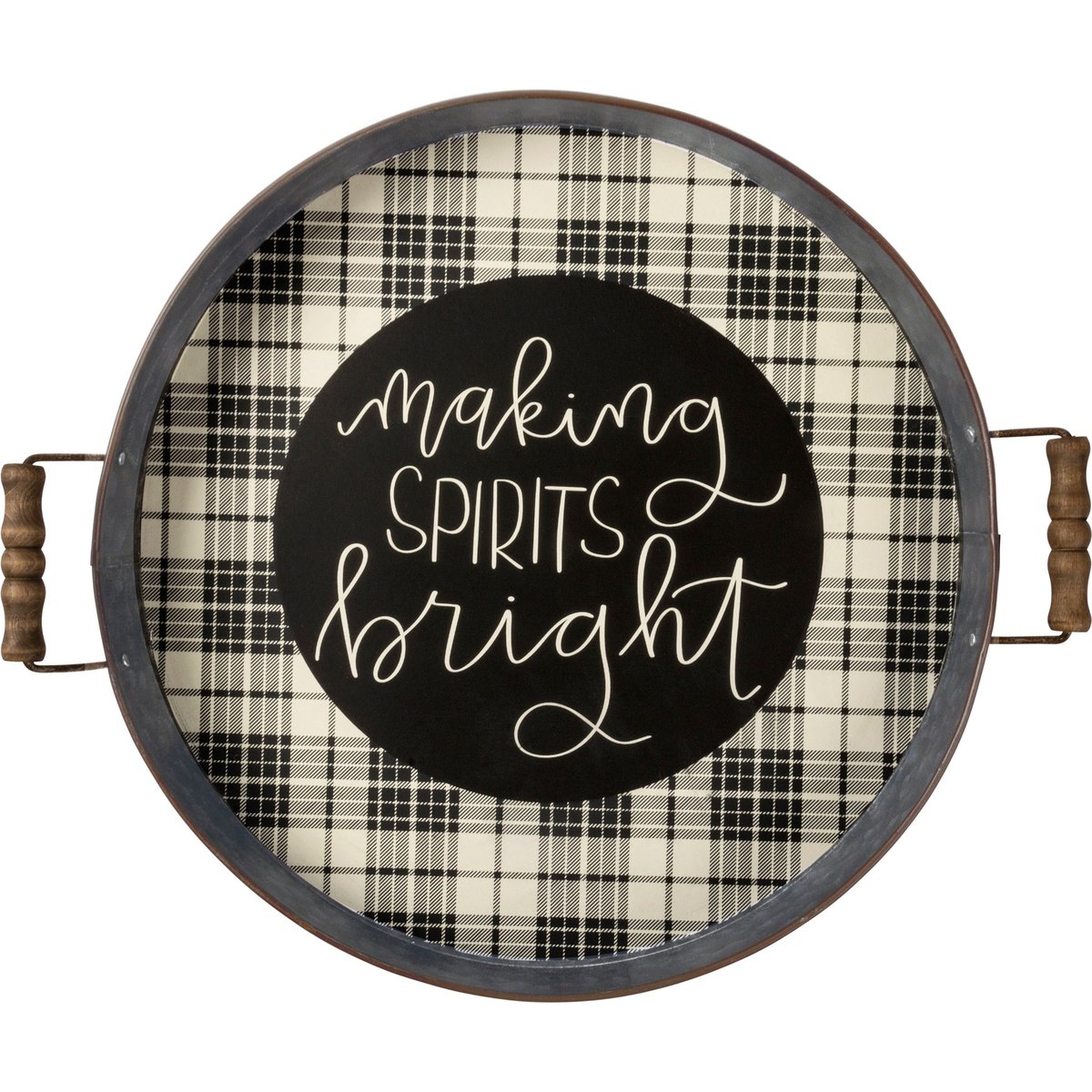 Festive Galvanized Plaid 'Making Spirits Bright' Decorative Serving Tray with Wooden Handles