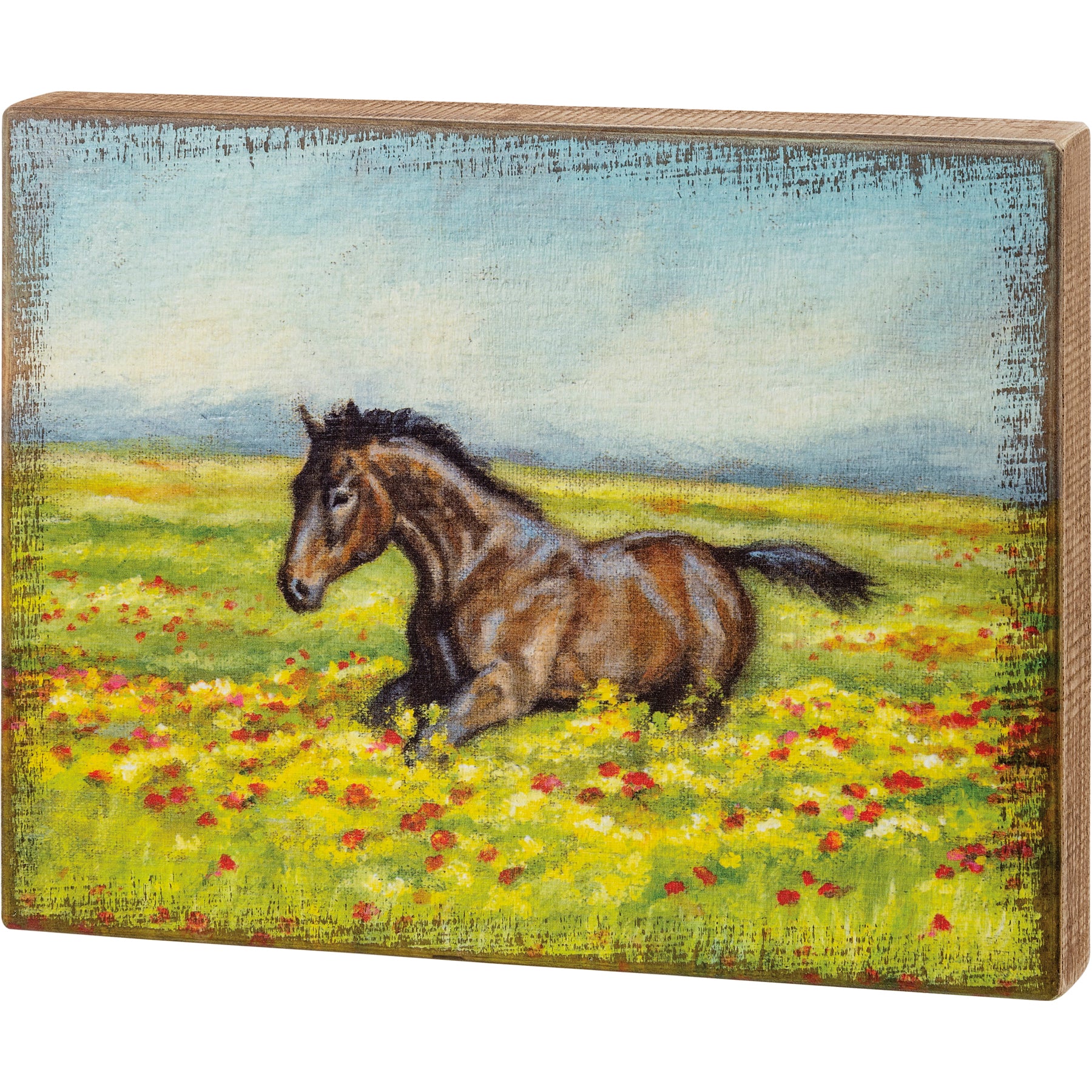 Rustic Farmhouse Horse in Field Box Sign - Textured Burlap Canvas Decor