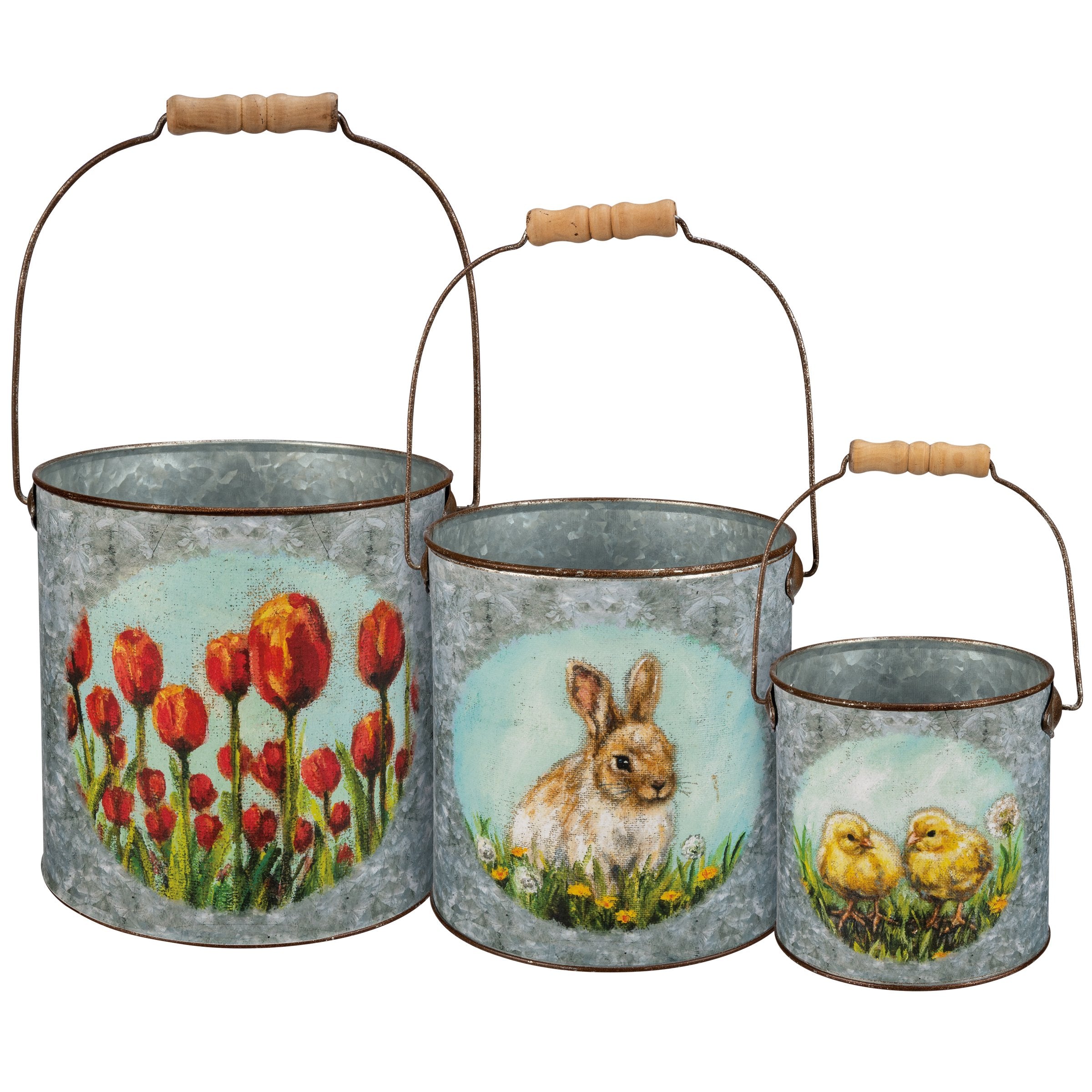 Charming Farmhouse Metal Buckets Set with Bunny Chick Daffodil Art