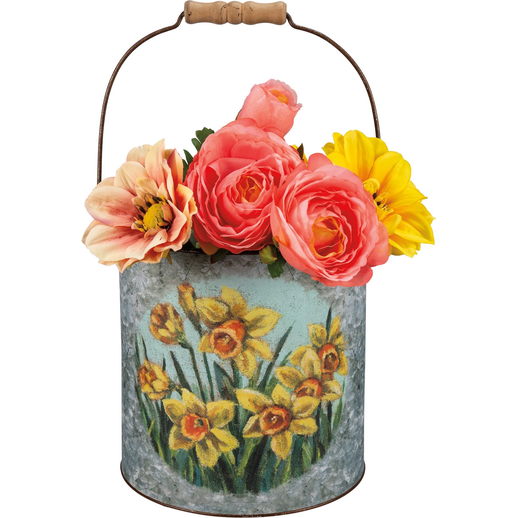 Charming Farmhouse Metal Buckets Set with Bunny Chick Daffodil Art
