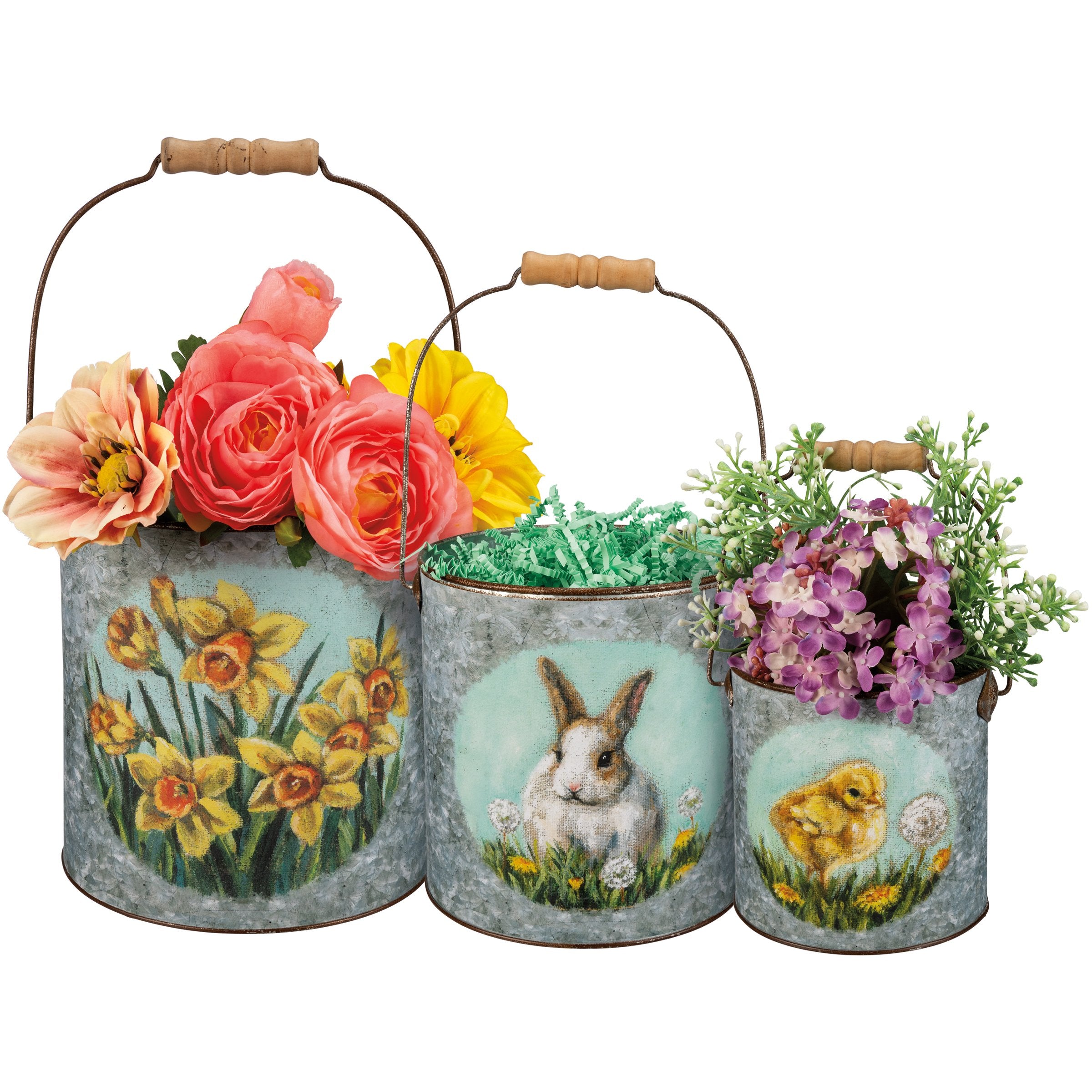 Charming Farmhouse Metal Buckets Set with Bunny Chick Daffodil Art