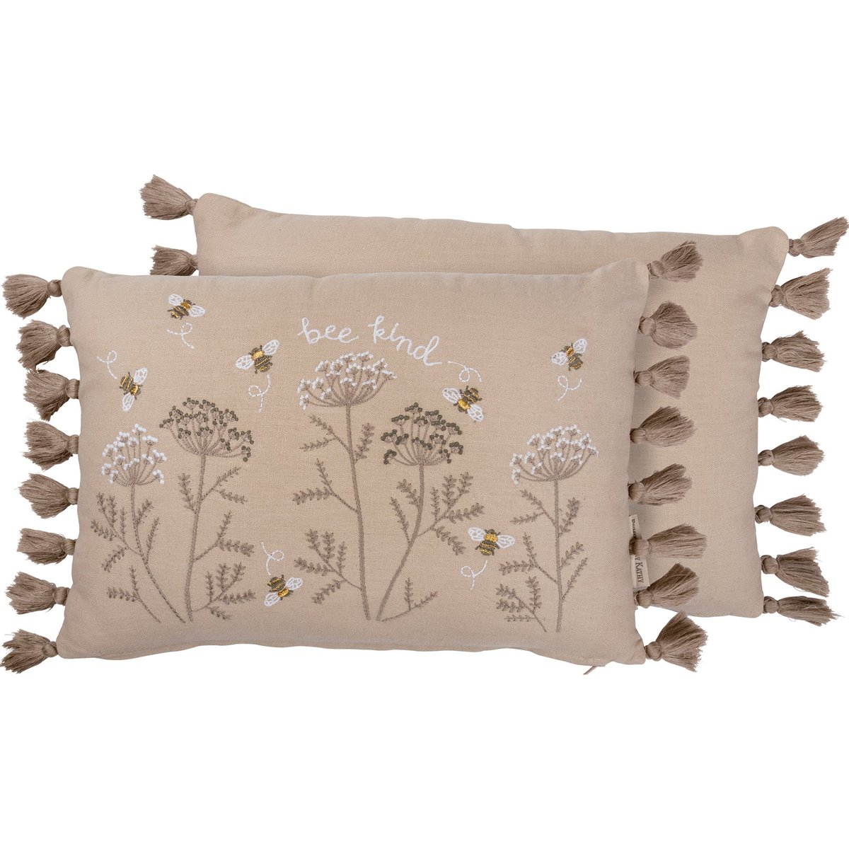 Charming Embroidered Bee Kind Cotton Linen Decorative Pillow with Tassels