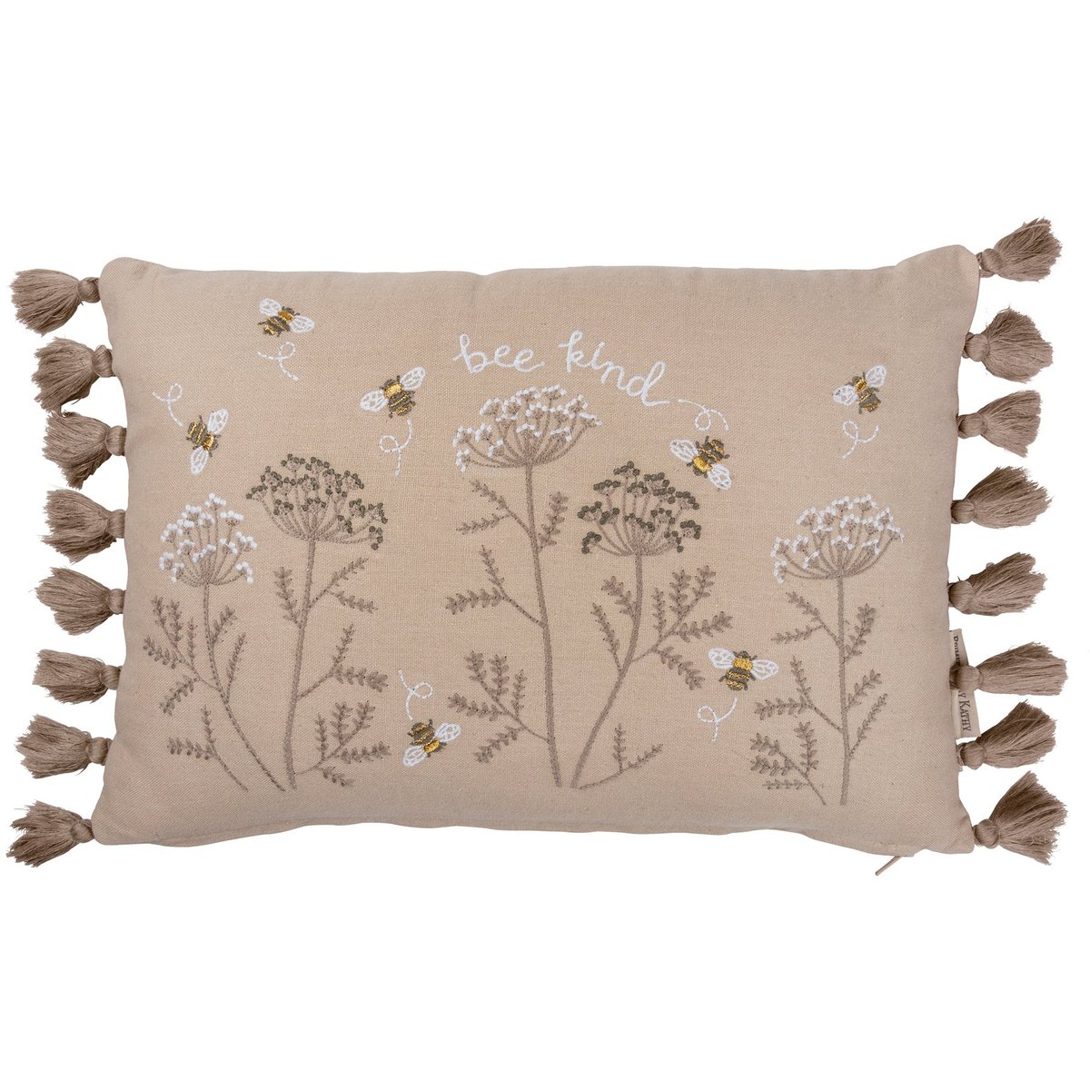 Charming Embroidered Bee Kind Cotton Linen Decorative Pillow with Tassels