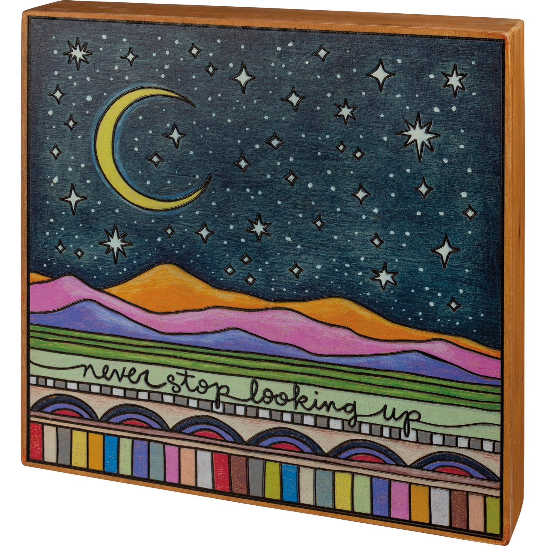 Inspiring Celestial Wood Box Sign: 'Never Stop Looking Up' Artful Home Decor