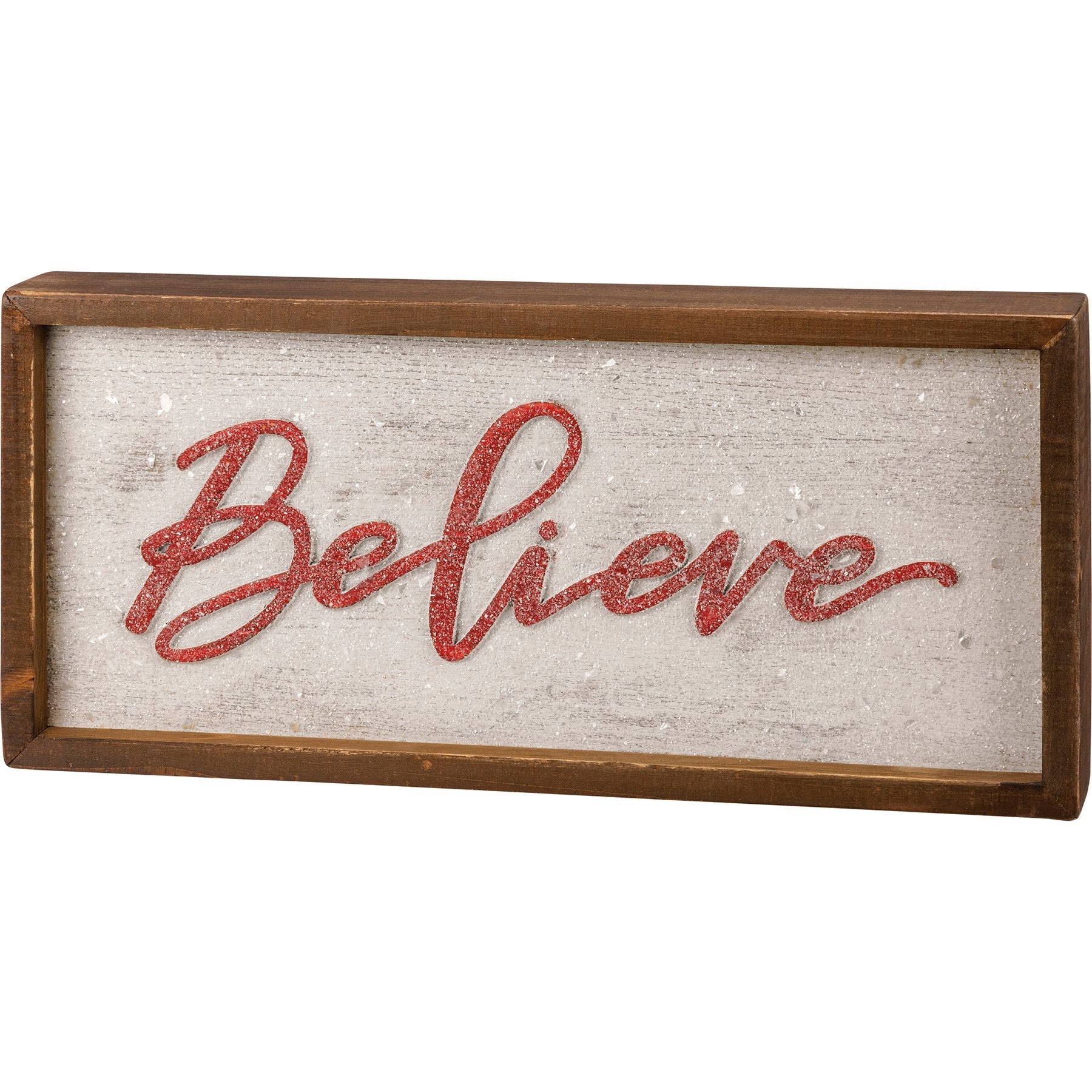 Nordic Christmas 'Believe' Inset Box Sign - Wood, Mica, Snowy Effect