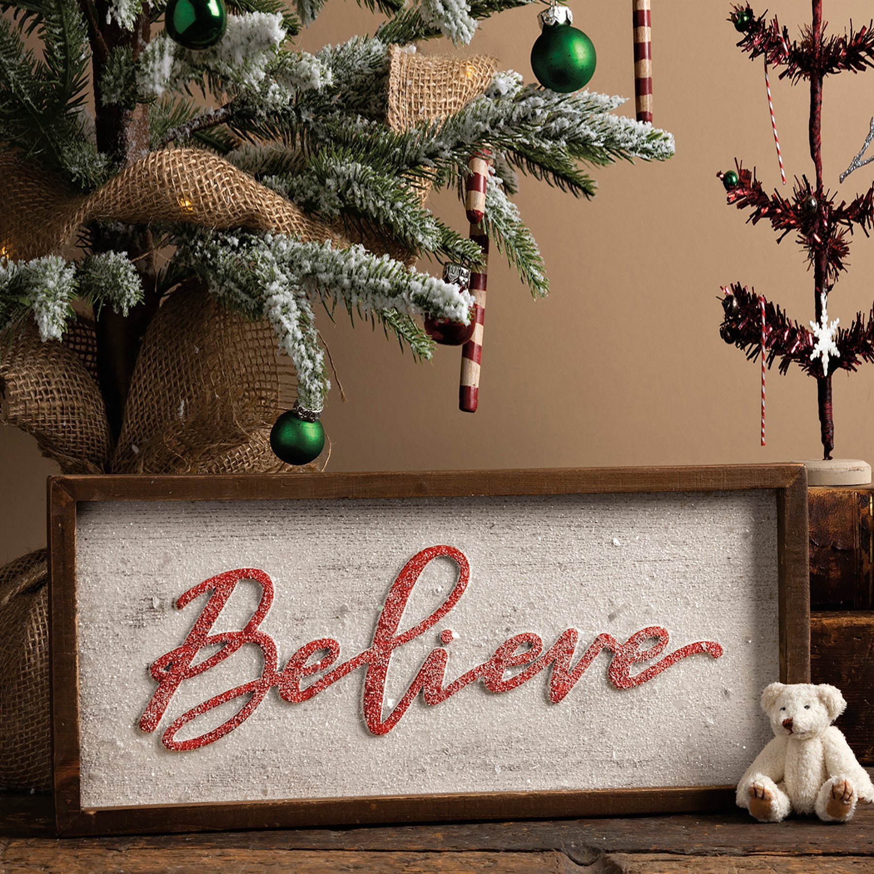 Nordic Christmas 'Believe' Inset Box Sign - Wood, Mica, Snowy Effect