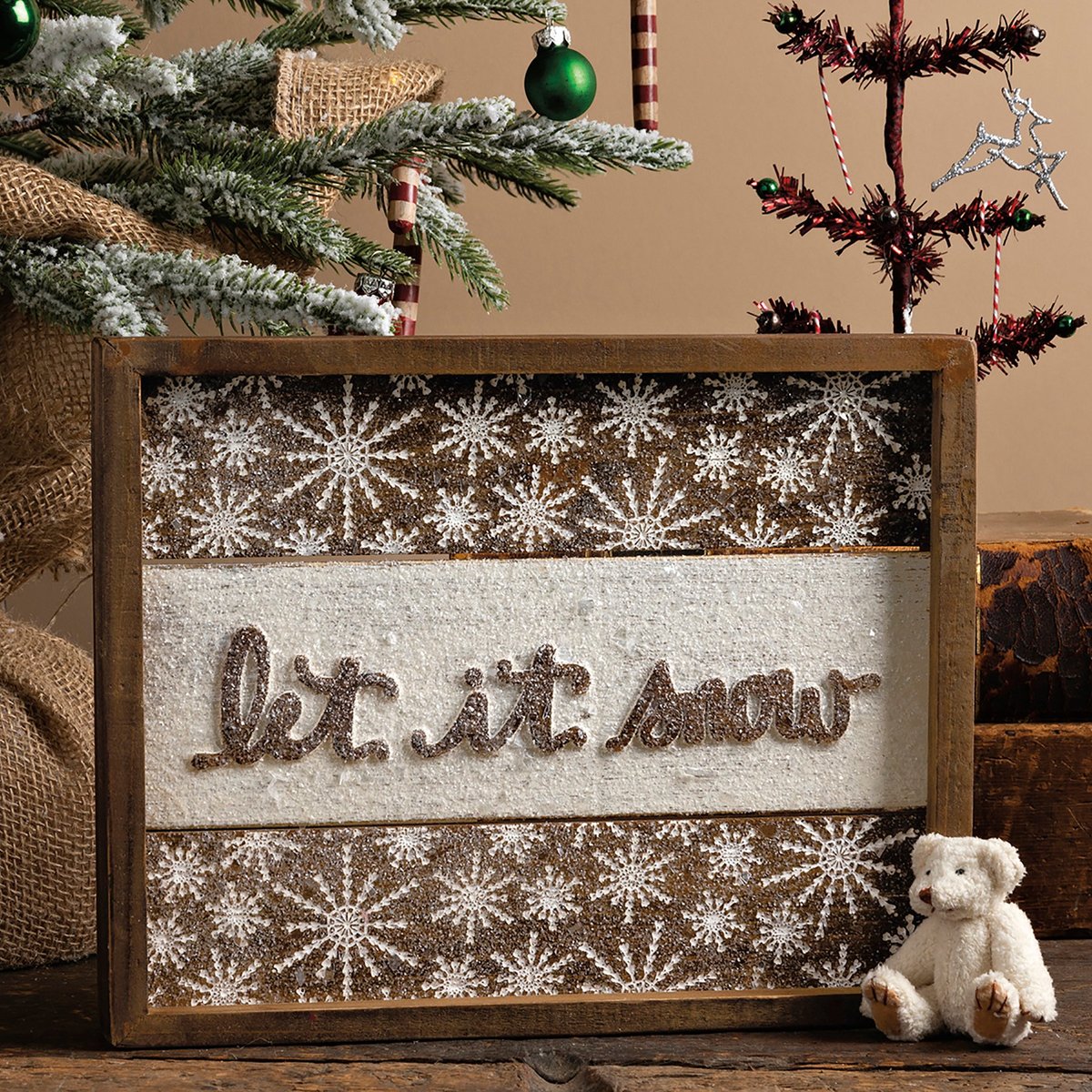 Charming 'Let It Snow' Inset Slat Box Sign - Distressed Cream Winter Decor